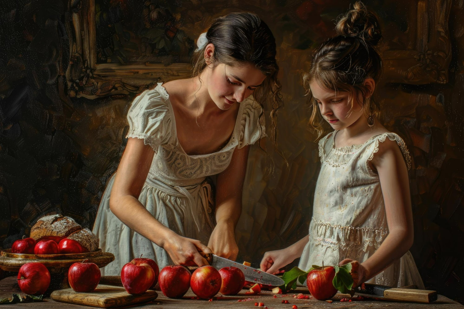 The scene conveys themes of family, tradition, teaching, harvest, and quiet domestic life.
