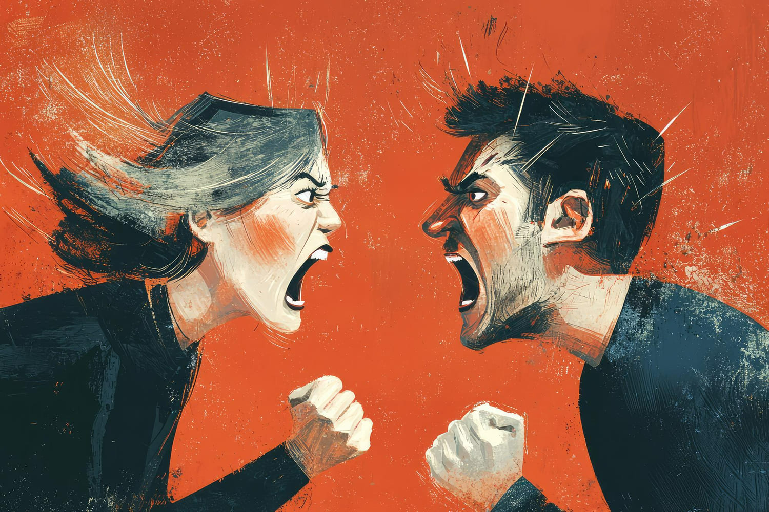 Two people shouting at each other face-to-face with clenched fists and intense expressions, illustrating anger, conflict, confrontation, and emotional tension. Two people shouting at each other face-to-face with clenched fists and intense expressions, illustrating anger, conflict, confrontation, and emotional tension.
