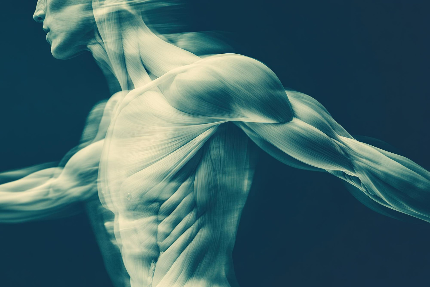 A detailed 3D-rendered anatomical illustration showcases the human muscular system across the torso.