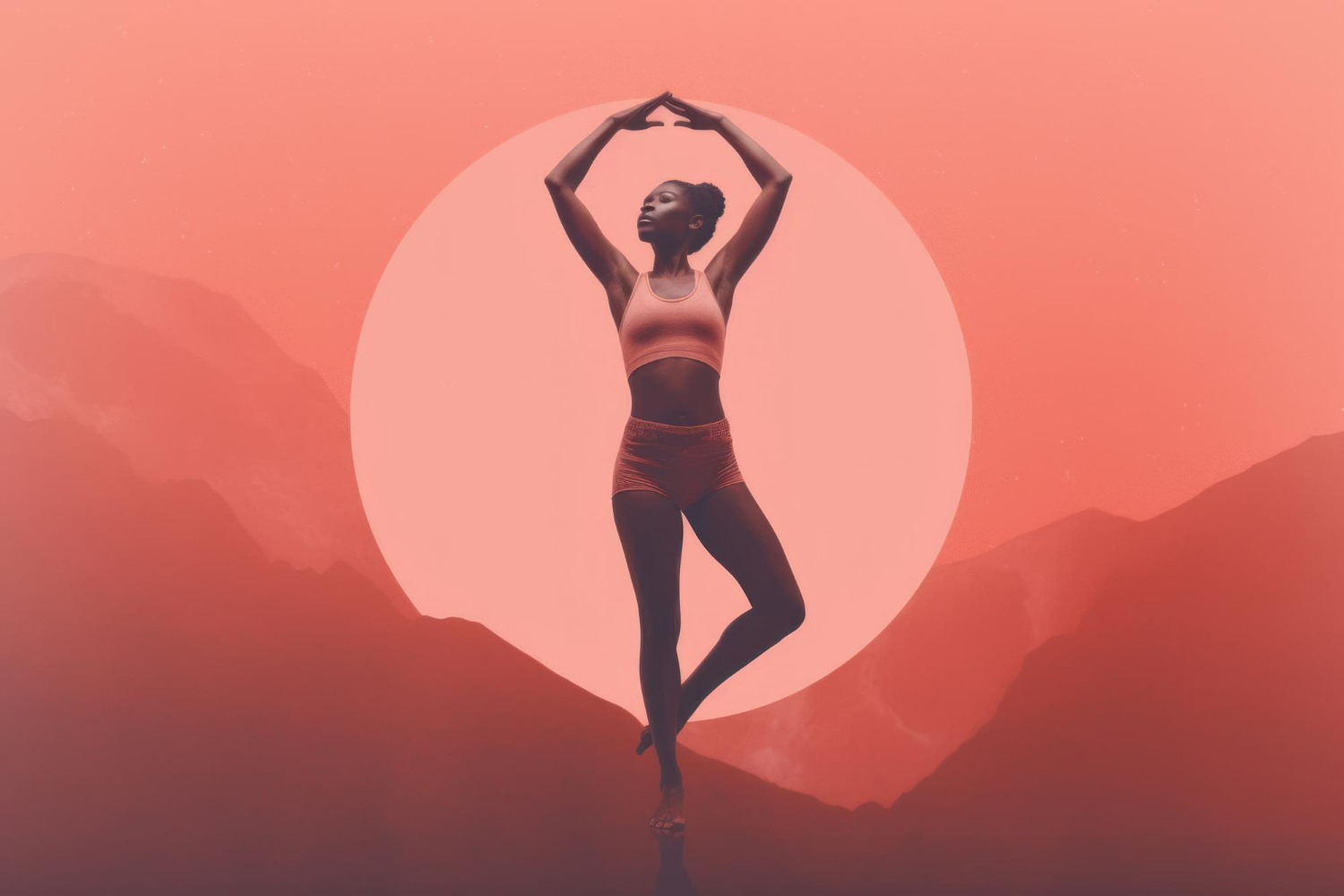 A woman practices yoga's tree pose, standing on one leg with her arms raised overhead, silhouetted against a large glowing sun and layered mountain ranges.