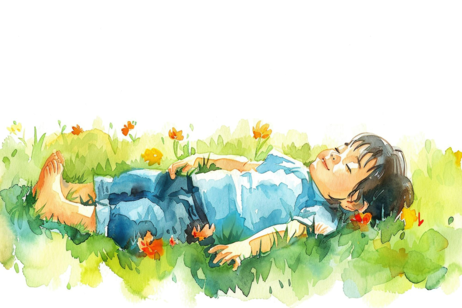 A gentle watercolor illustration of a child lying peacefully in a bed of tall green grass, eyes closed and barefoot, as if napping in the warmth of a summer afternoon.