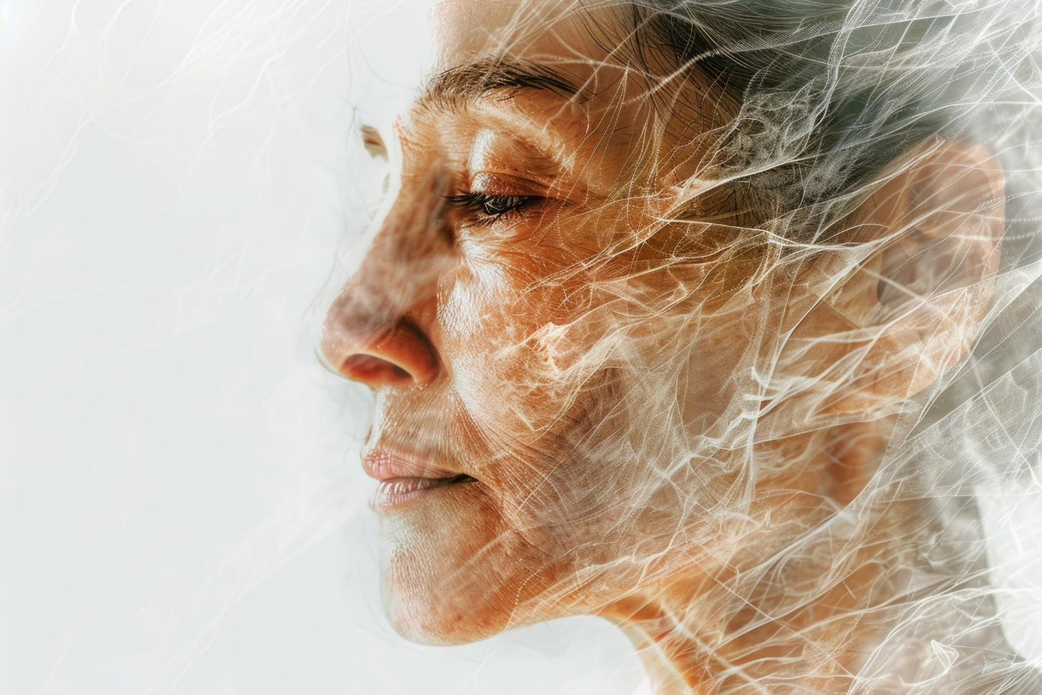 An artistic double-exposure portrait of an older woman in profile, her face and hair seamlessly blended with delicate, wispy white strands resembling smoke