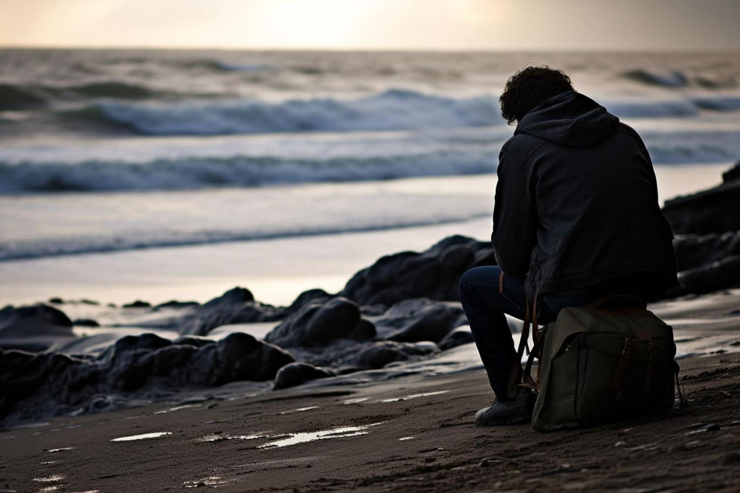 A man with curly hair, wearing a hooded jacket and jeans, sits alone near the water's edge with a bag beside him, his figure rendered mostly in silhouette against the soft glow of an overcast sky. A man with curly hair, wearing a hooded jacket and jeans, sits alone near the water's edge with a bag beside him, his figure rendered mostly in silhouette against the soft glow of an overcast sky.