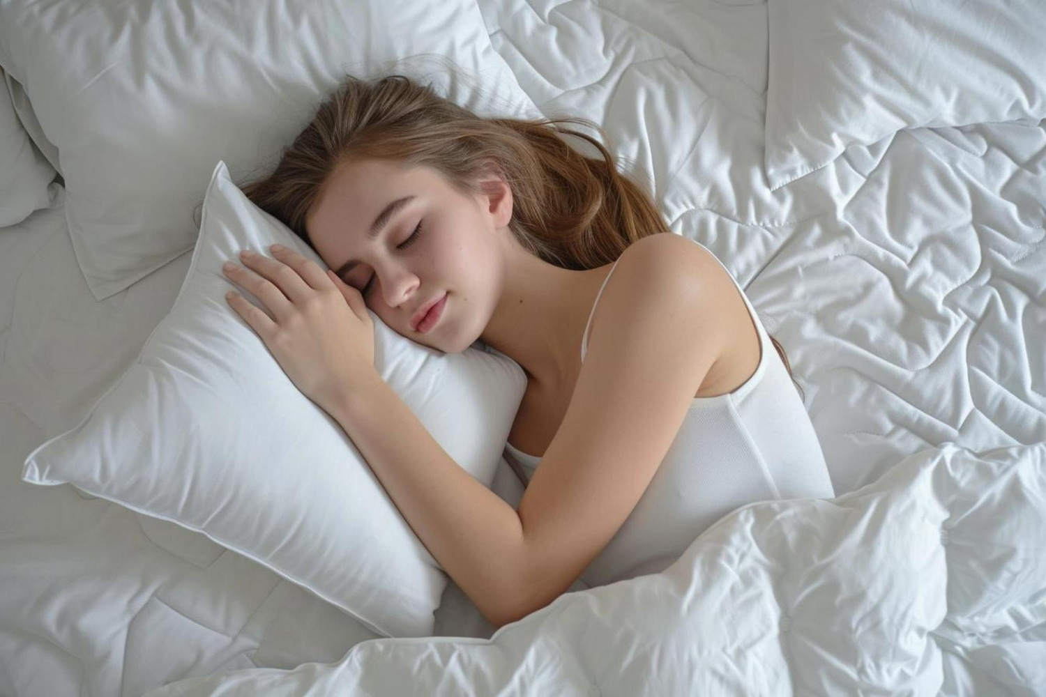 A young woman with long brown hair sleeps peacefully on her side, one arm wrapped around a plush pillow, in a bright, all-white bed with soft, rumpled linens. A young woman with long brown hair sleeps peacefully on her side, one arm wrapped around a plush pillow, in a bright, all-white bed with soft, rumpled linens.