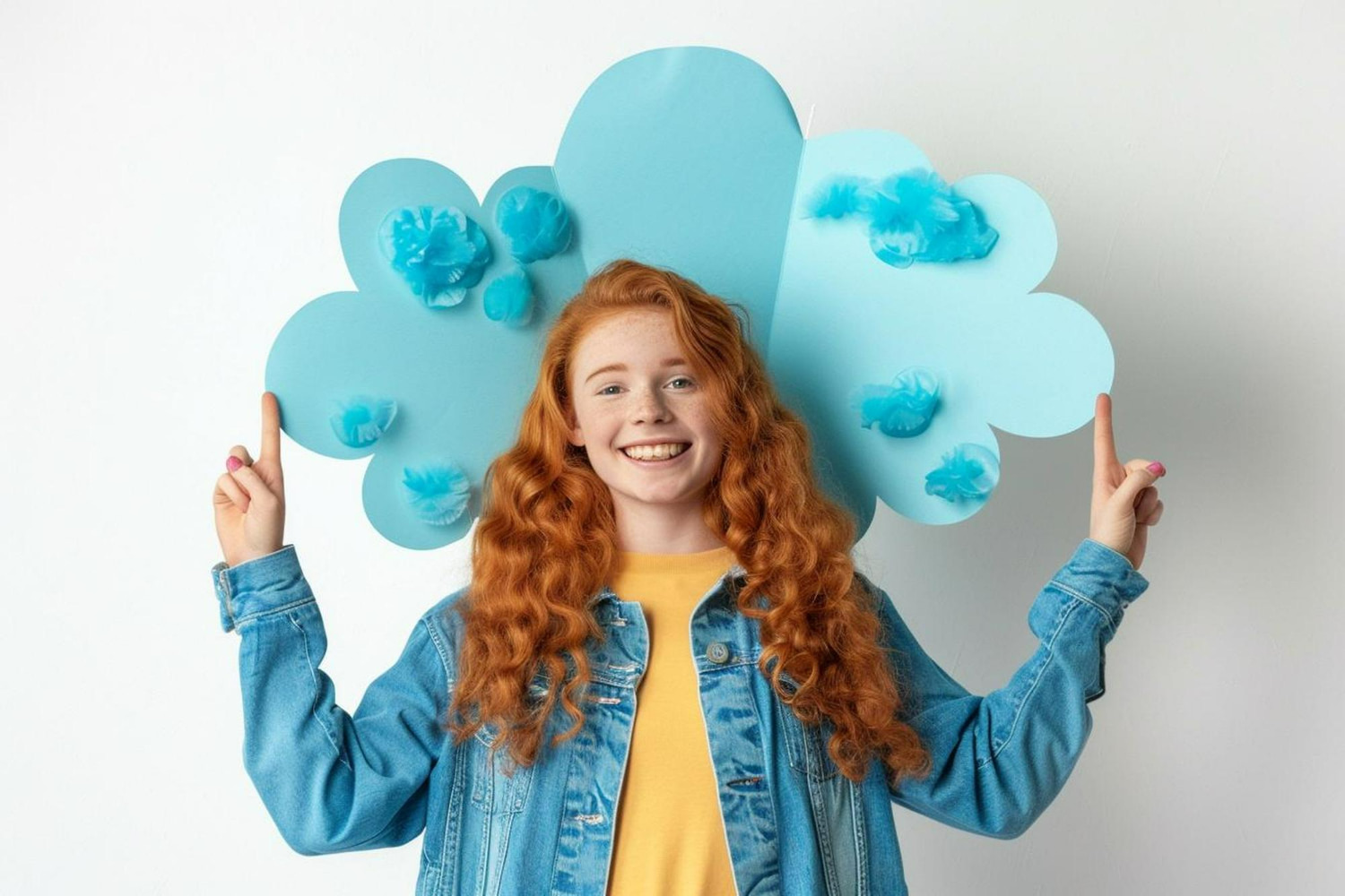A cheerful curly-haired redhead girl in a denim jacket and yellow top smiles broadly while pointing both index fingers upward.