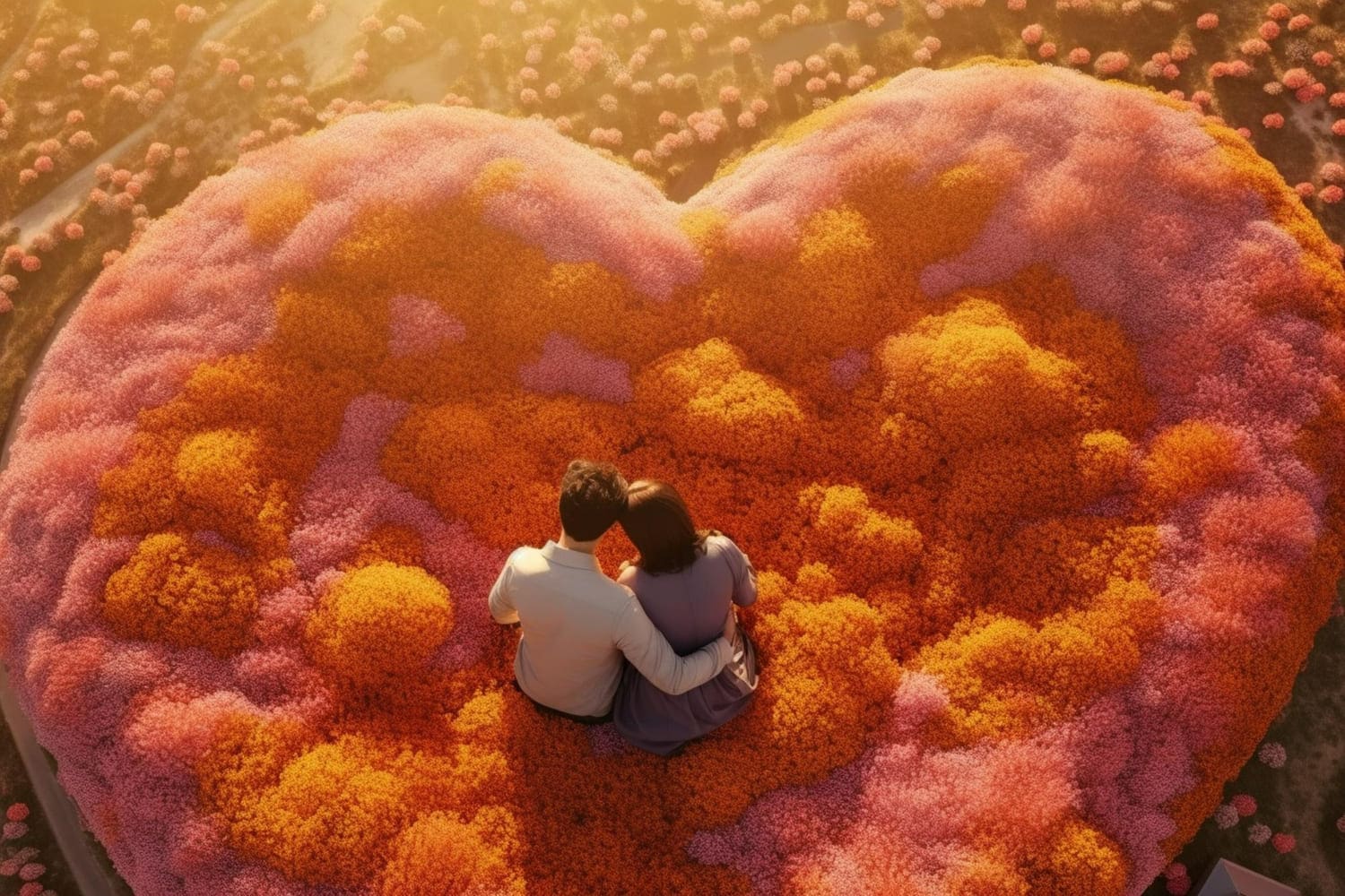 A breathtaking aerial view of a couple sitting closely together, embraced amid a massive heart-shaped field of vibrant flowers in shades of pink, orange, and gold. 