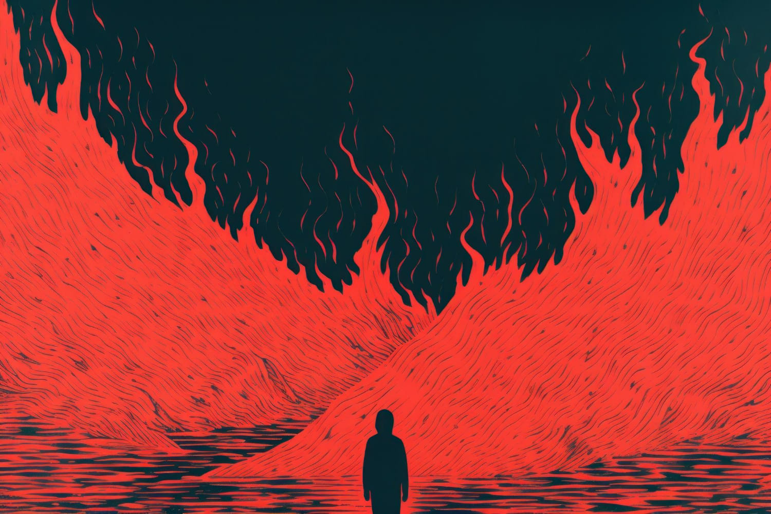 A lone silhouette standing before towering red flames, symbolizing overwhelming anger, inner turmoil, emotional intensity, and destructive power. A lone silhouette standing before towering red flames, symbolizing overwhelming anger, inner turmoil, emotional intensity, and destructive power.