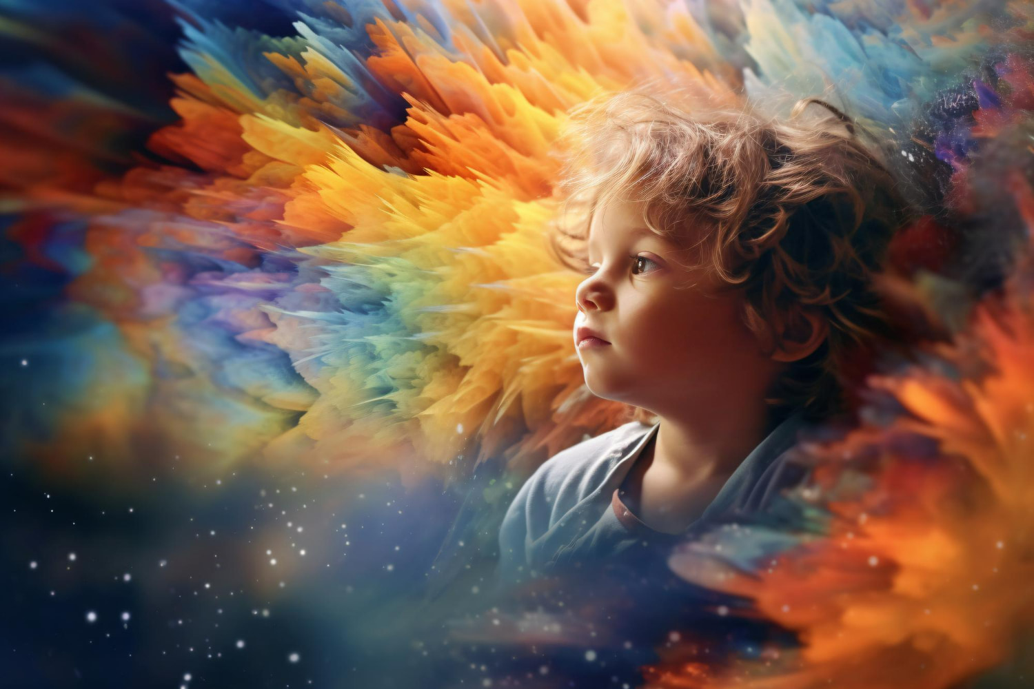 A profile portrait of a young child with soft, curly hair, gazing thoughtfully into the distance.