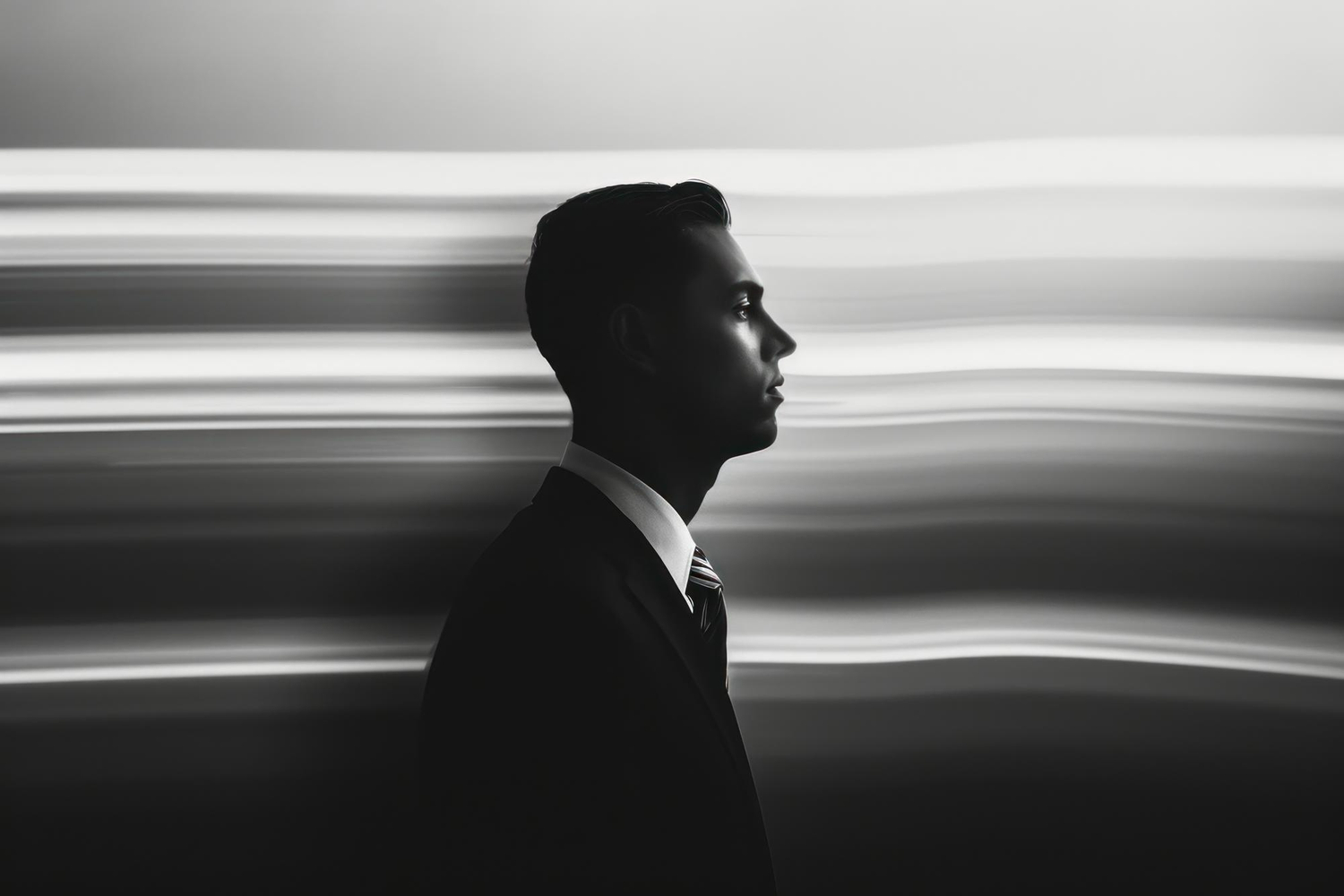  The high-contrast black-and-white styling gives the image a sleek, editorial, and corporate feel.