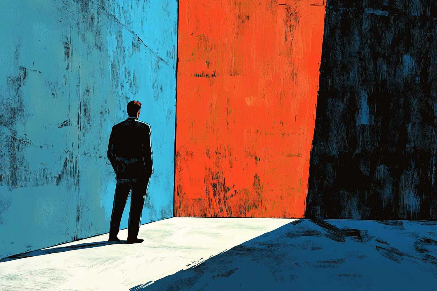A stylized illustration depicts a silhouetted man in a suit, seen from behind, standing at the meeting point of three large textured walls in bold blue, orange, and near-black tones. A stylized illustration depicts a silhouetted man in a suit, seen from behind, standing at the meeting point of three large textured walls in bold blue, orange, and near-black tones.