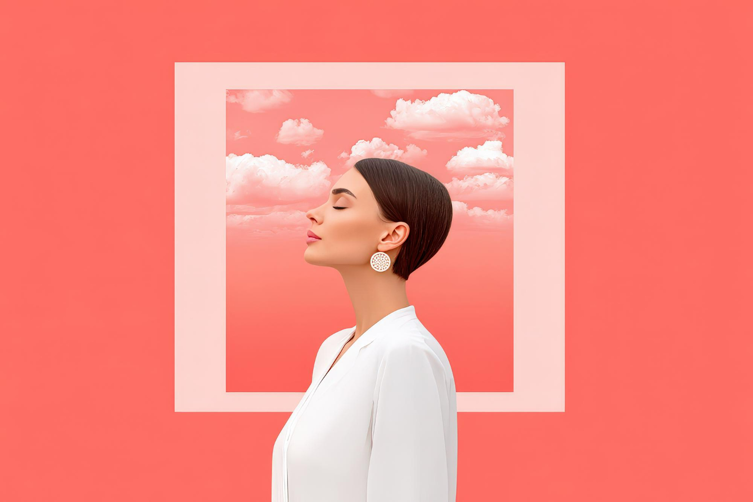 A stylized surreal composition featuring a woman in profile with sleek dark hair, eyes closed in a peaceful expression, wearing a white blazer and statement circular earrings. 