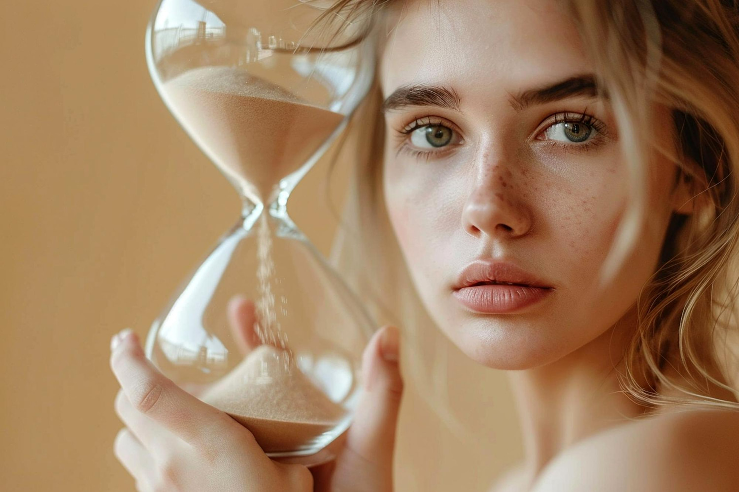 Description: A close-up portrait of a woman with striking green eyes and freckled, radiant skin holding an hourglass with falling sand beside her face, set against a warm beige background. Description: A close-up portrait of a woman with striking green eyes and freckled, radiant skin holding an hourglass with falling sand beside her face, set against a warm beige background.