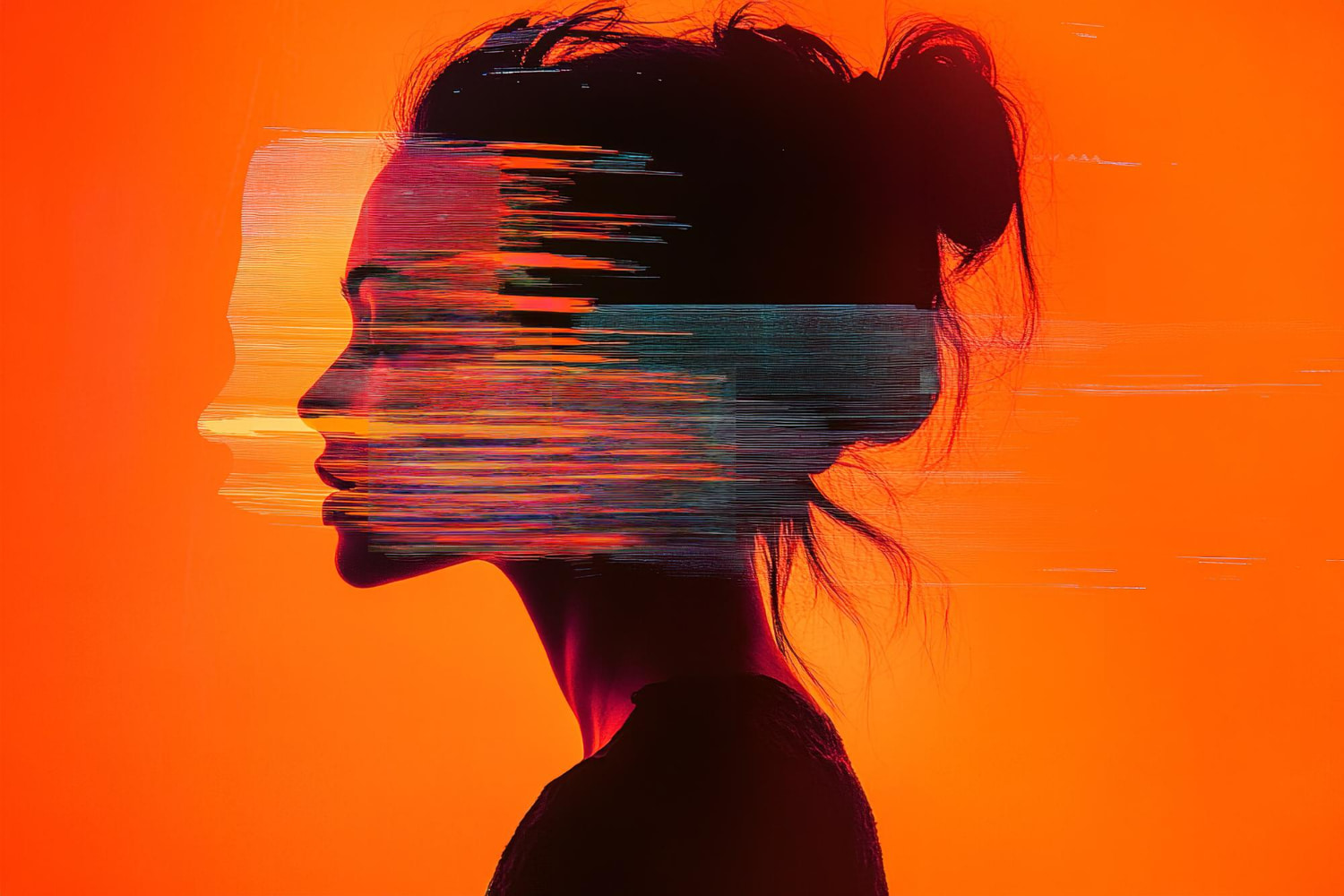 A digital art portrait of a woman's silhouette in profile, set against a vivid orange-to-red gradient background. 