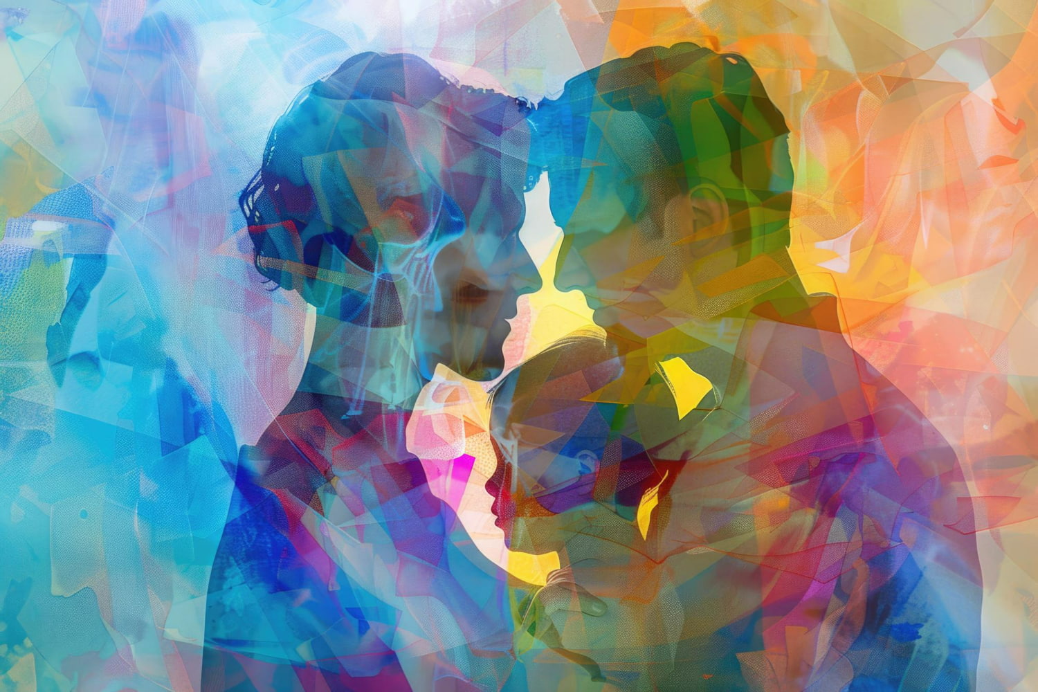 A vivid, kaleidoscopic digital art piece depicting two silhouetted profiles facing each other in an intimate, close moment, rendered in a fractured mosaic of blue, orange, yellow, green, and pink tones.