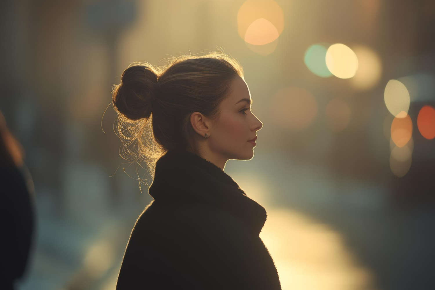 A striking street portrait of a woman in profile, her hair styled in a loose bun with soft wisps catching the warm backlight.