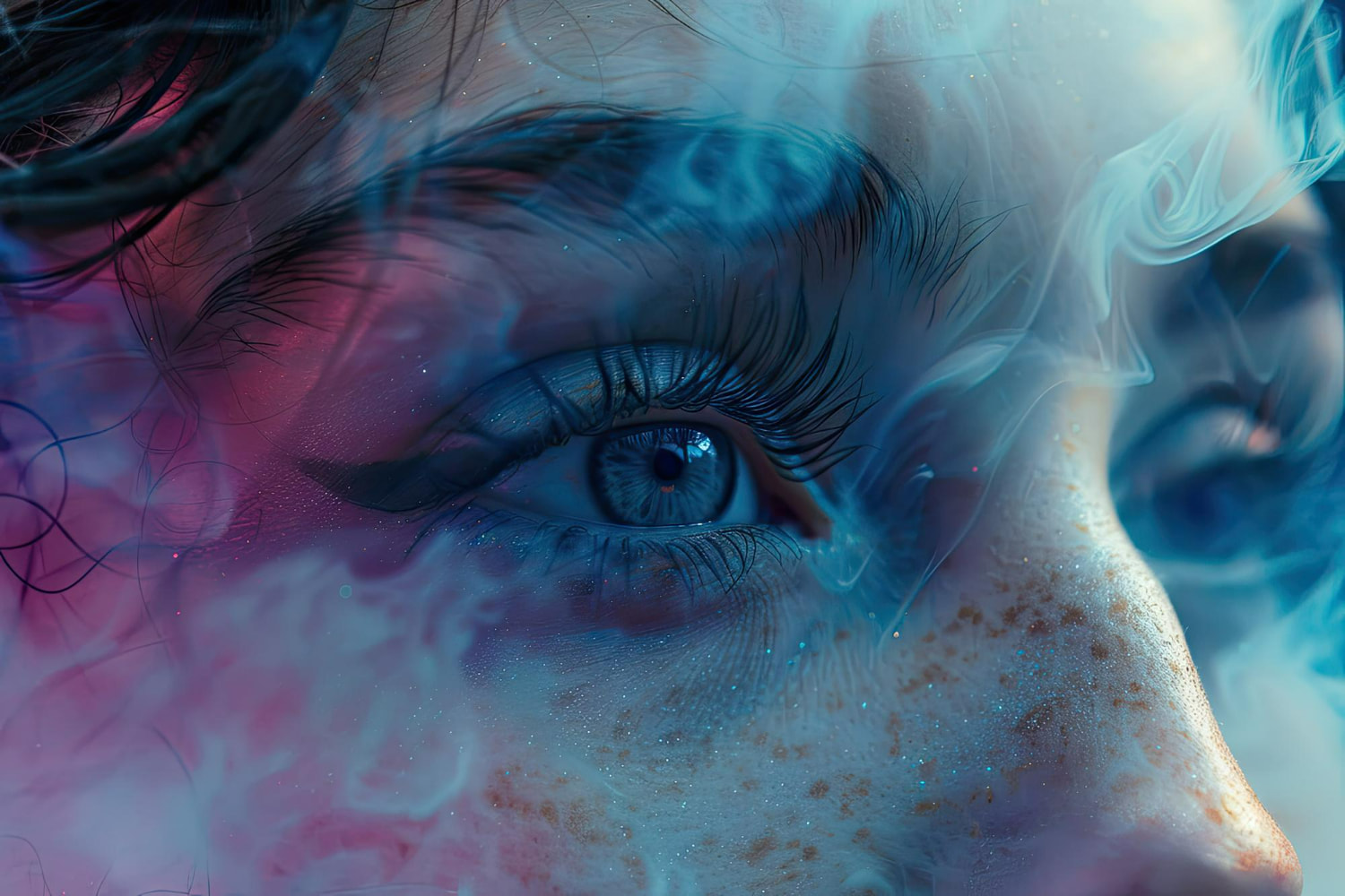 Tiny glittering particles, like scattered stardust, catch the light across the skin and smoke. 