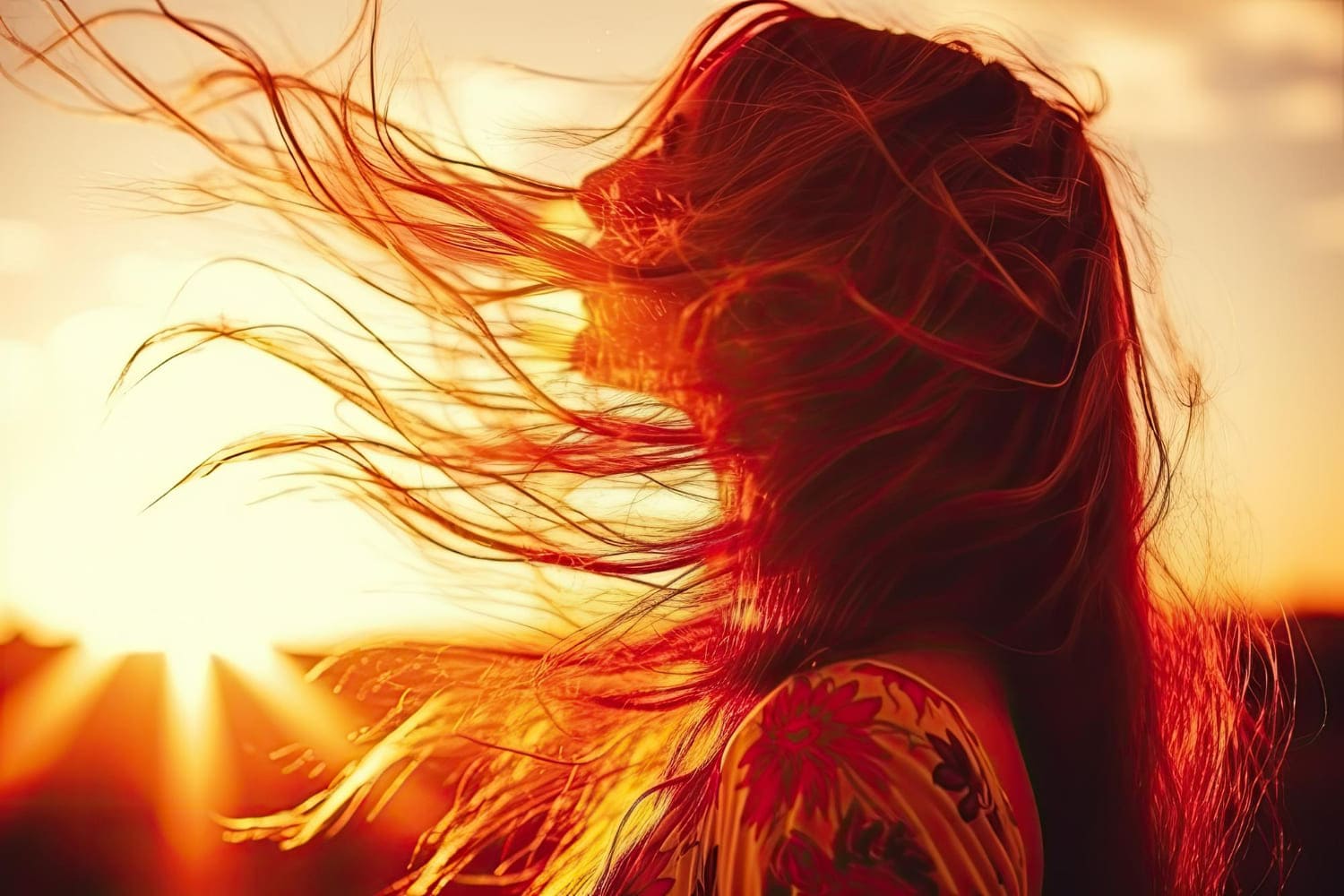 A dramatic silhouette of a woman with long hair streaming wildly in the wind, backlit by a blazing golden sunset.