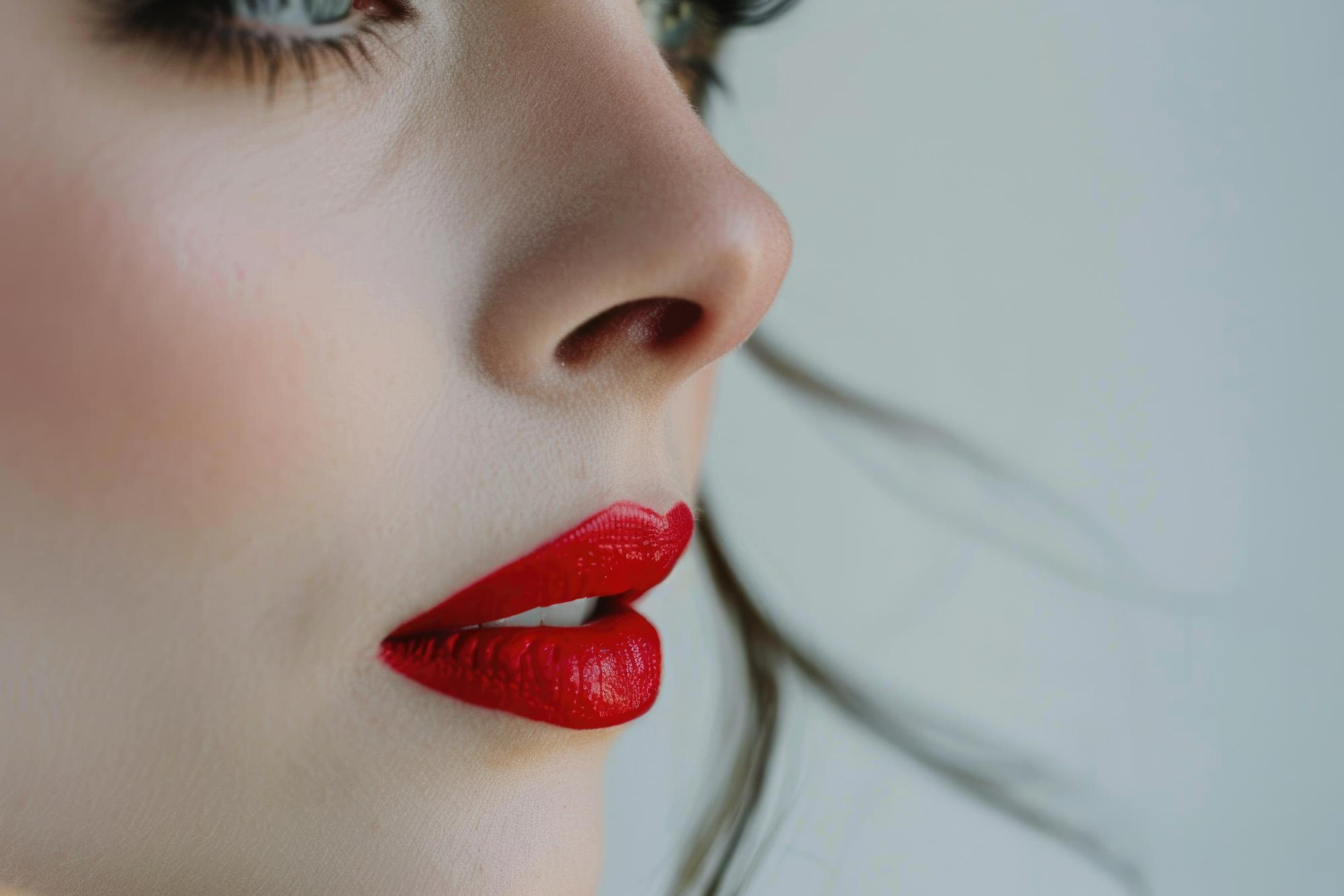 A striking profile close-up showcasing a bold red lipstick look with professional cosmetic application.