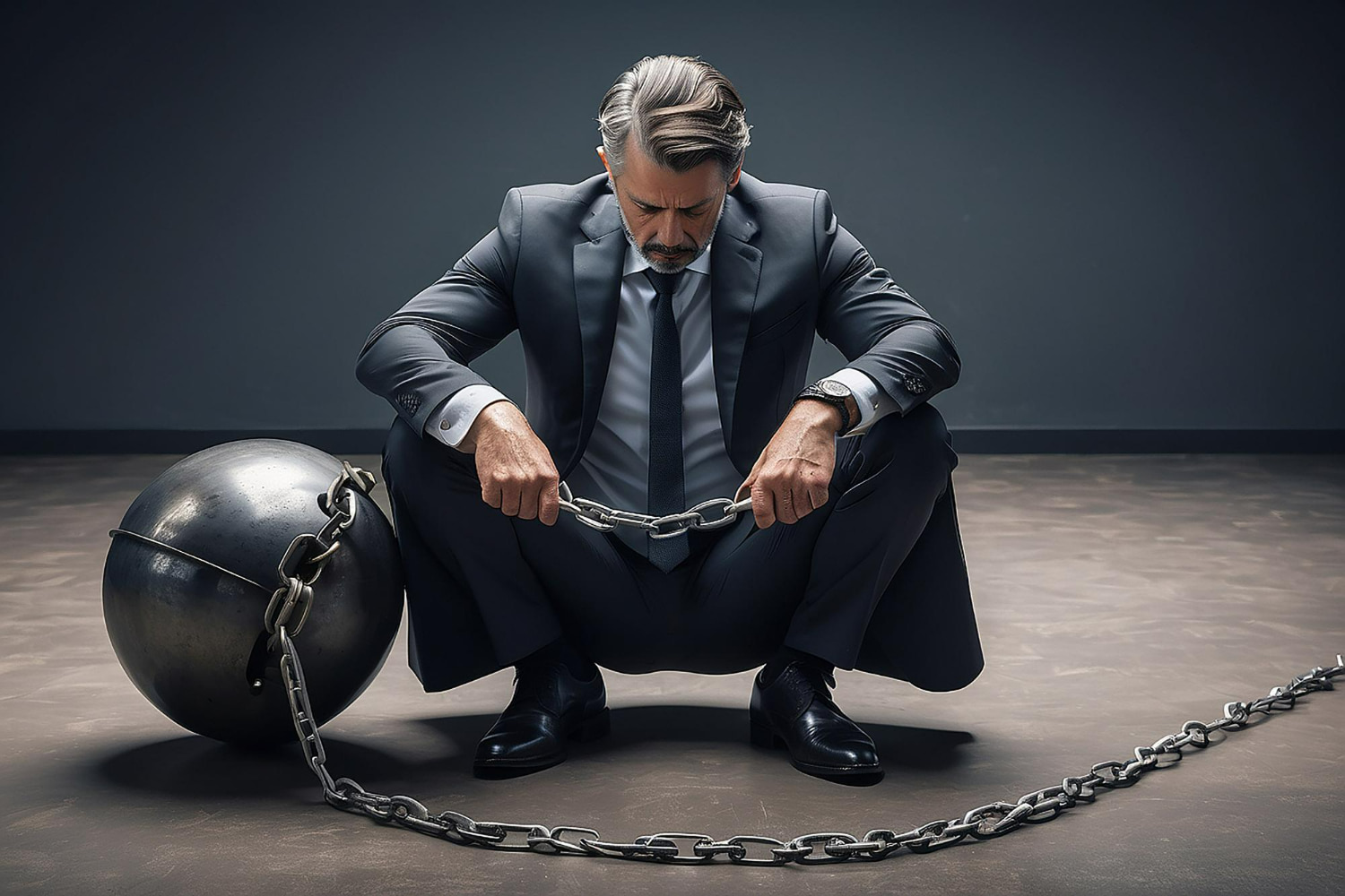 A powerful metaphorical image of a distinguished businessman in a tailored dark suit crouching down while grasping heavy chains connected to a large metal ball.