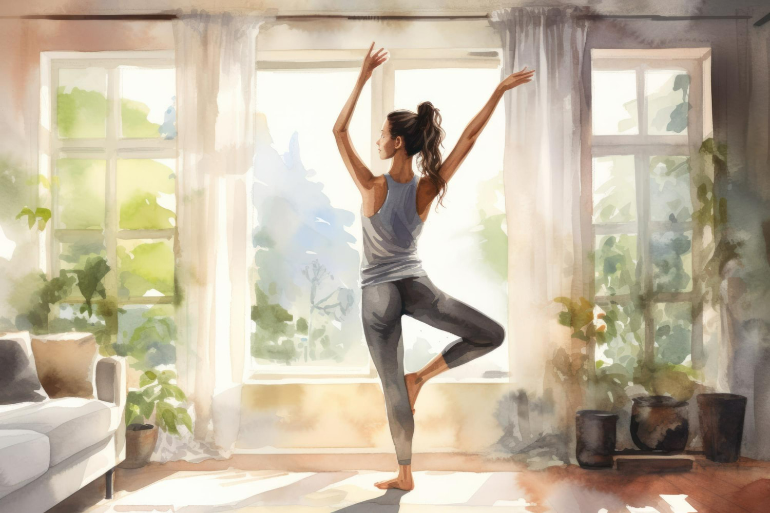 A soft watercolor-style illustration depicts a woman with a ponytail practicing yoga in tree pose, arms raised overhead, in a sunlit living room surrounded.