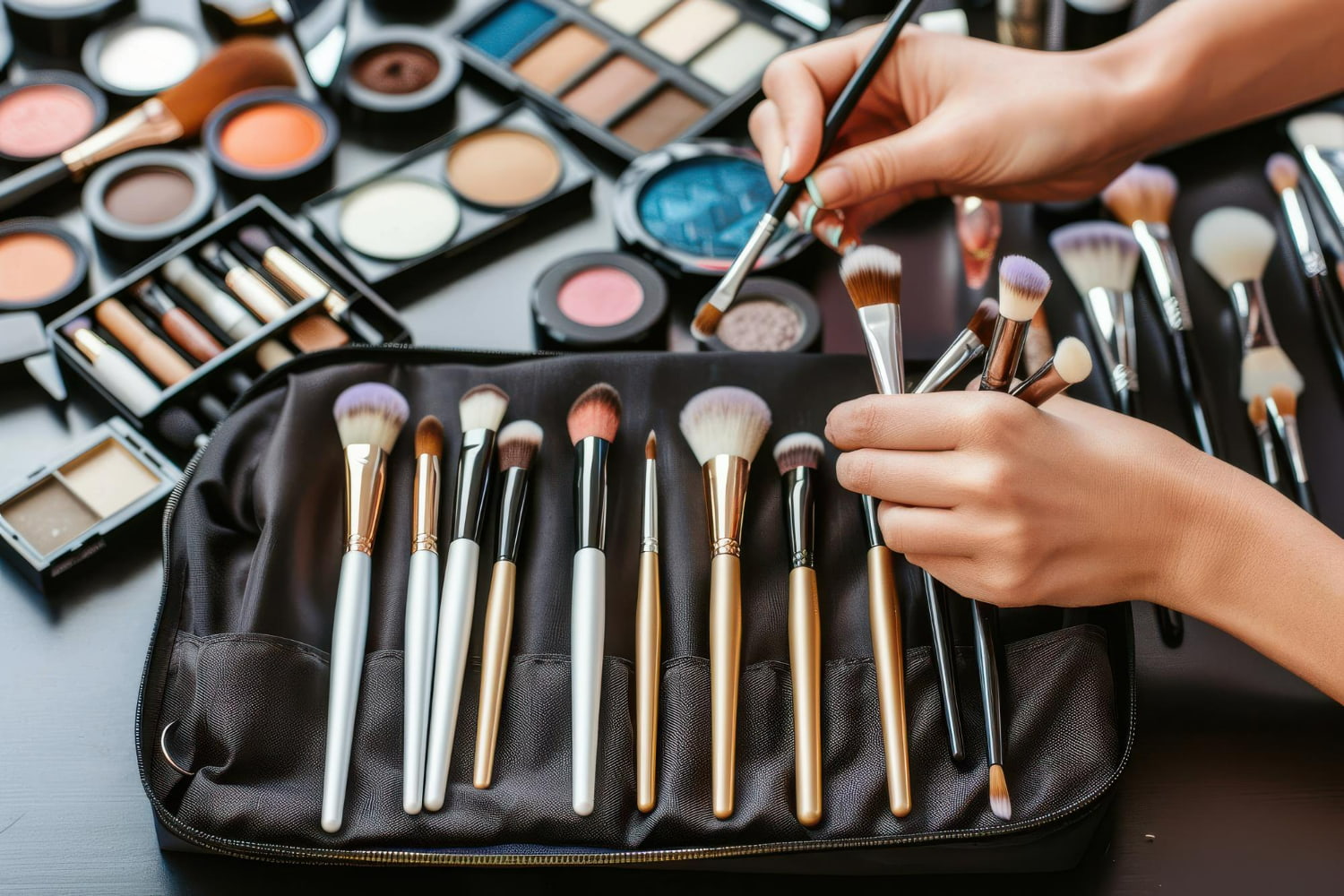A professional makeup artist's workspace showcasing an organized, complete beauty collection.