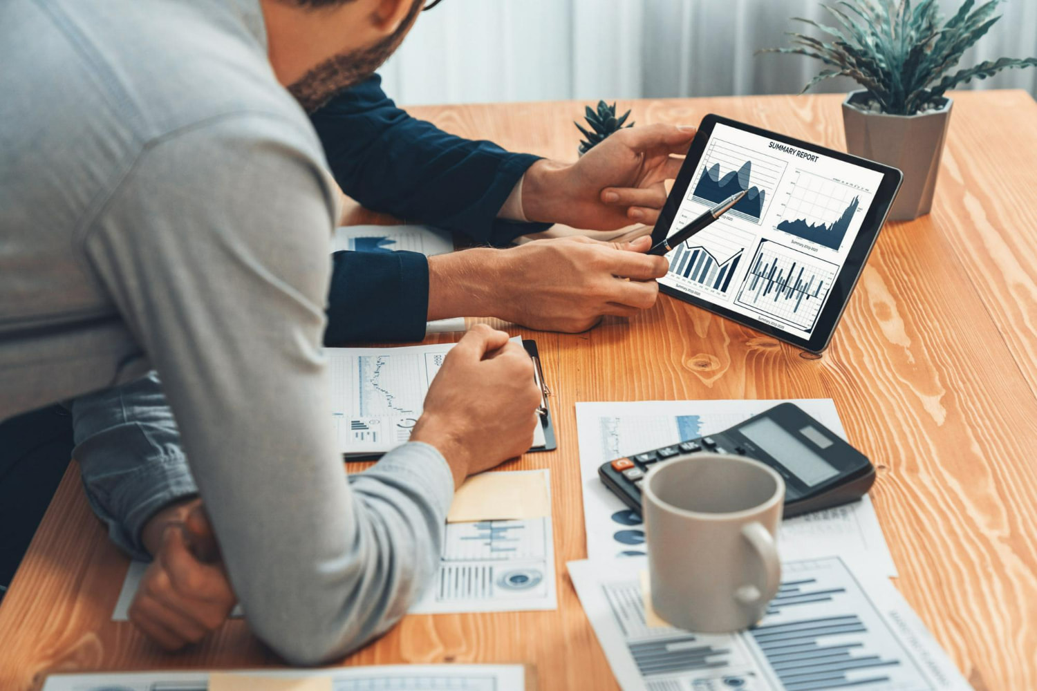 The scene captures the essence of data analysis, business intelligence, financial reporting, and informed decision-making.