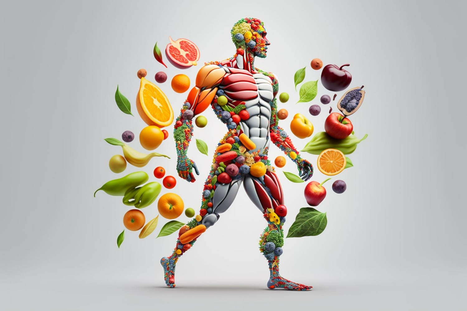 This striking 3D conceptual illustration depicts a human figure in an anatomical walking pose, with muscle groups vividly rendered from fresh fruits and vegetables.