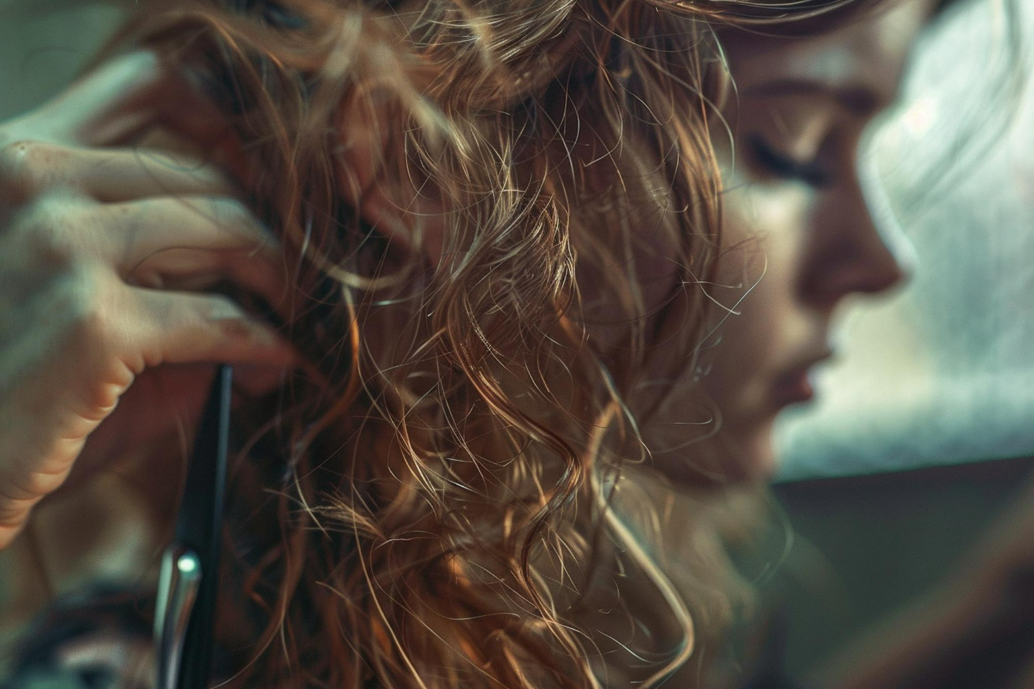 A intimate and beautifully composed shot captures the artistry of professional hairstyling in its most personal moment.