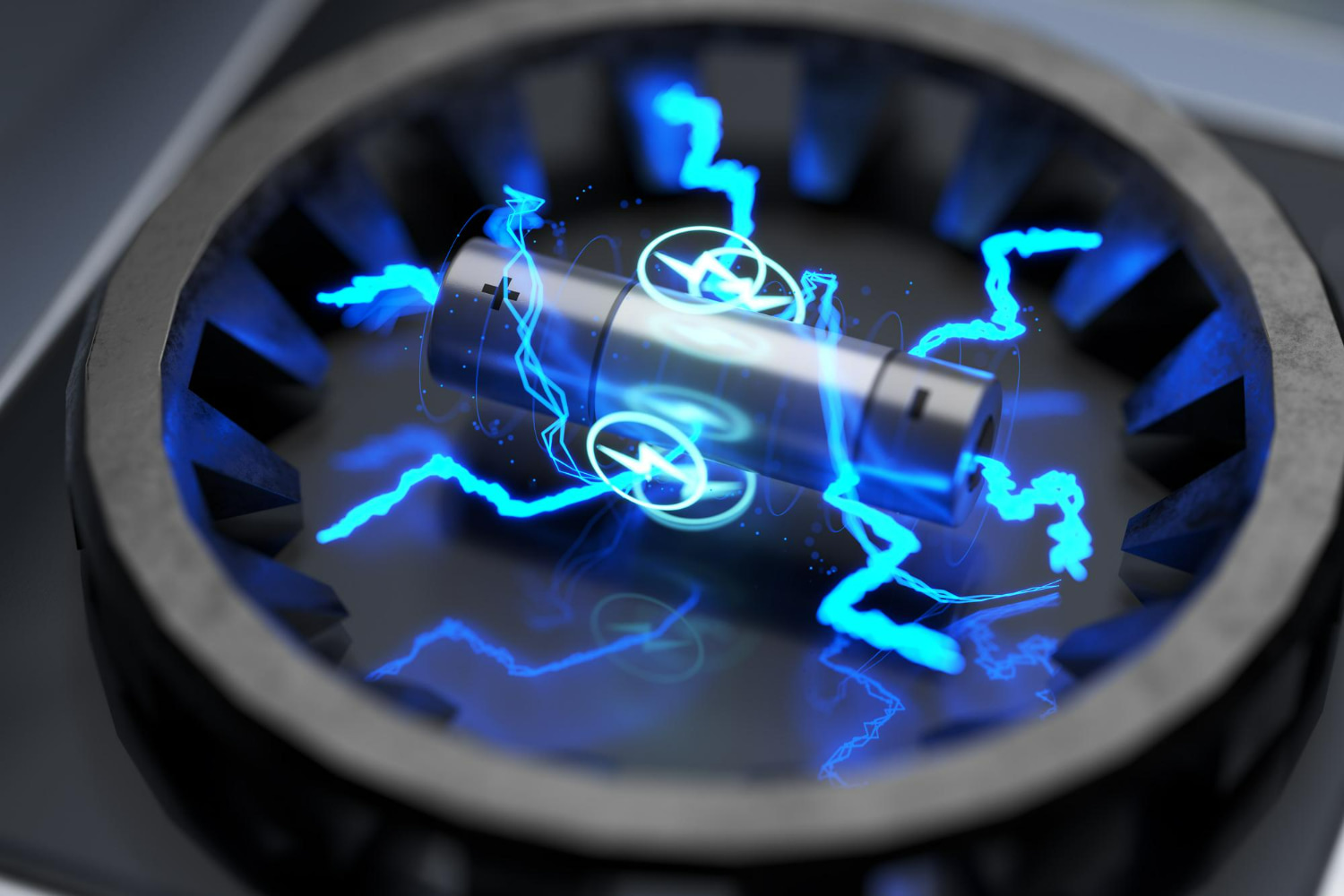 The composition showcases a cylindrical battery at the center, surrounded by vivid, crackling lightning bolts and electric arcs.