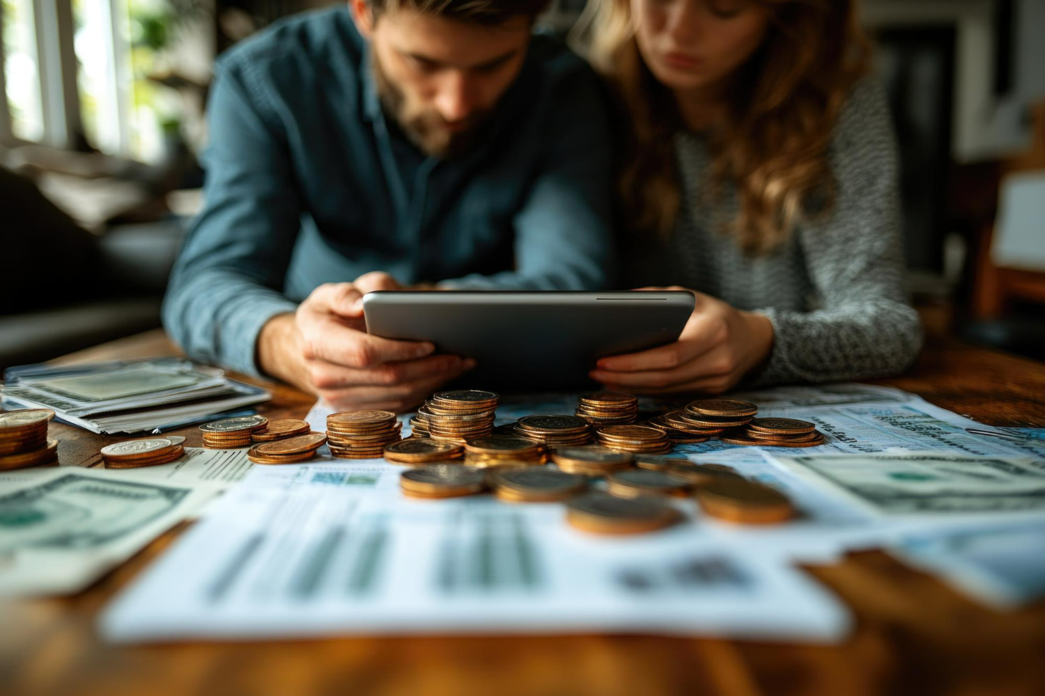 The tablet represents modern financial technology, while coins and cash symbolize traditional wealth.