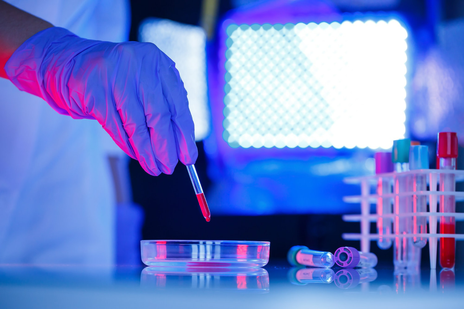 This striking image captures a contemporary laboratory scene bathed in vibrant neon lighting—predominantly blues and magentas.