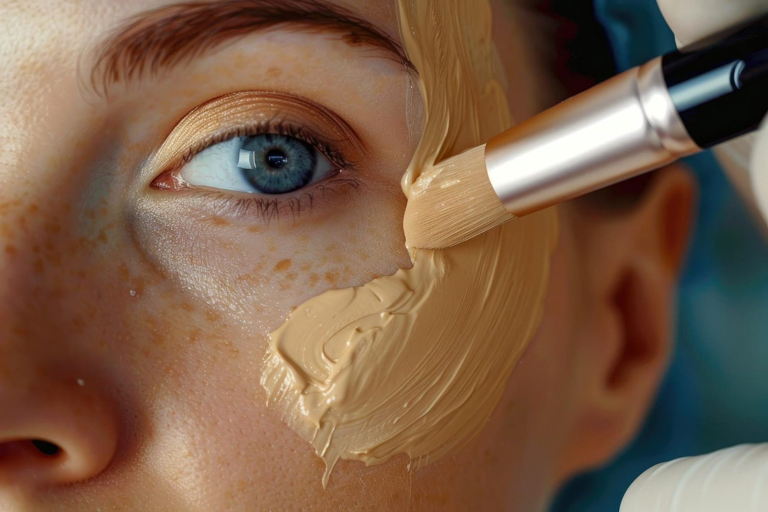 A close-up beauty shot capturing the precise application of foundation using a soft-bristled brush.