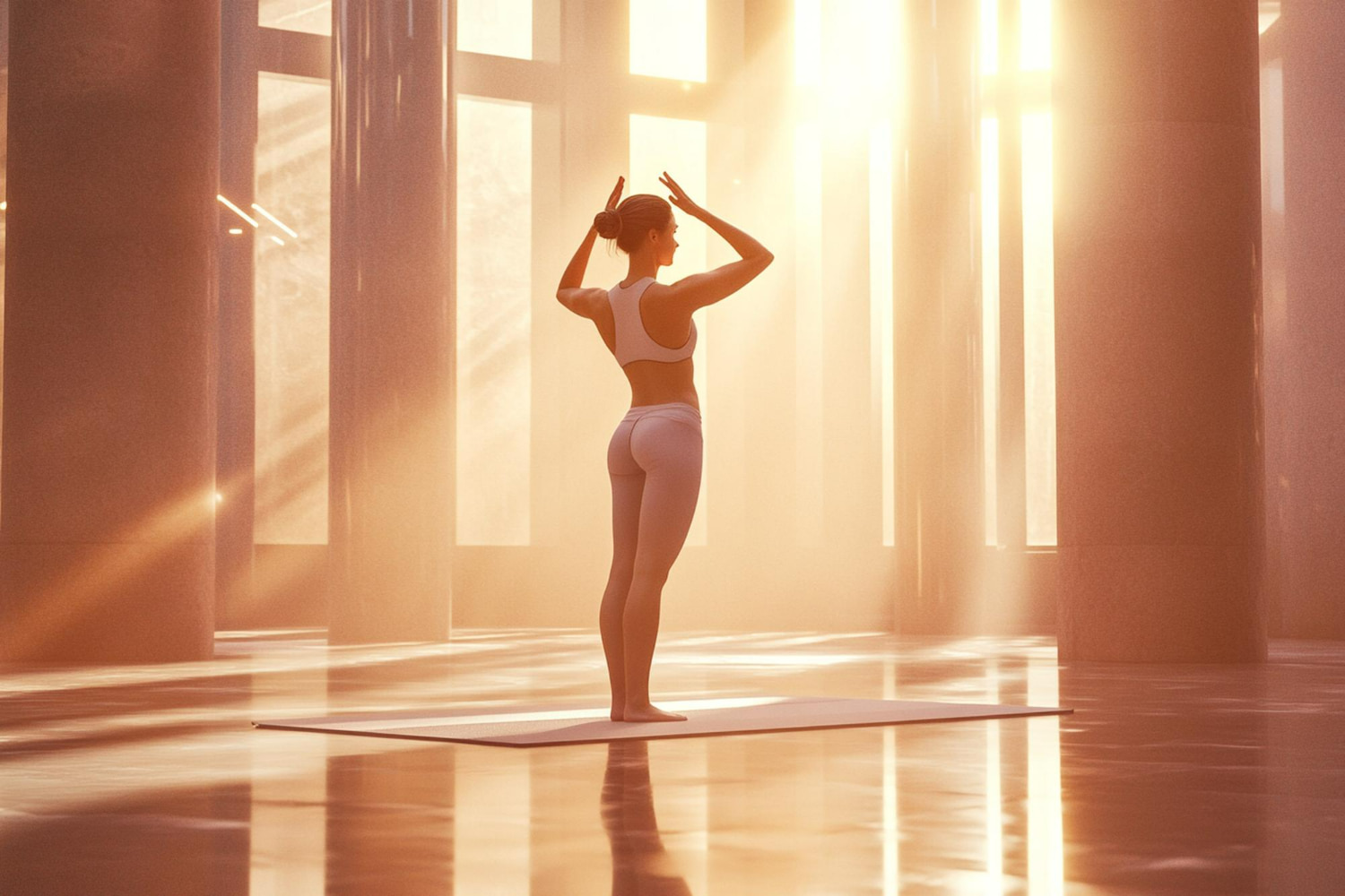 A woman in white activewear stands on a yoga mat in a golden, sunlit space, arms raised in a peaceful stretch surrounded by warm morning light.