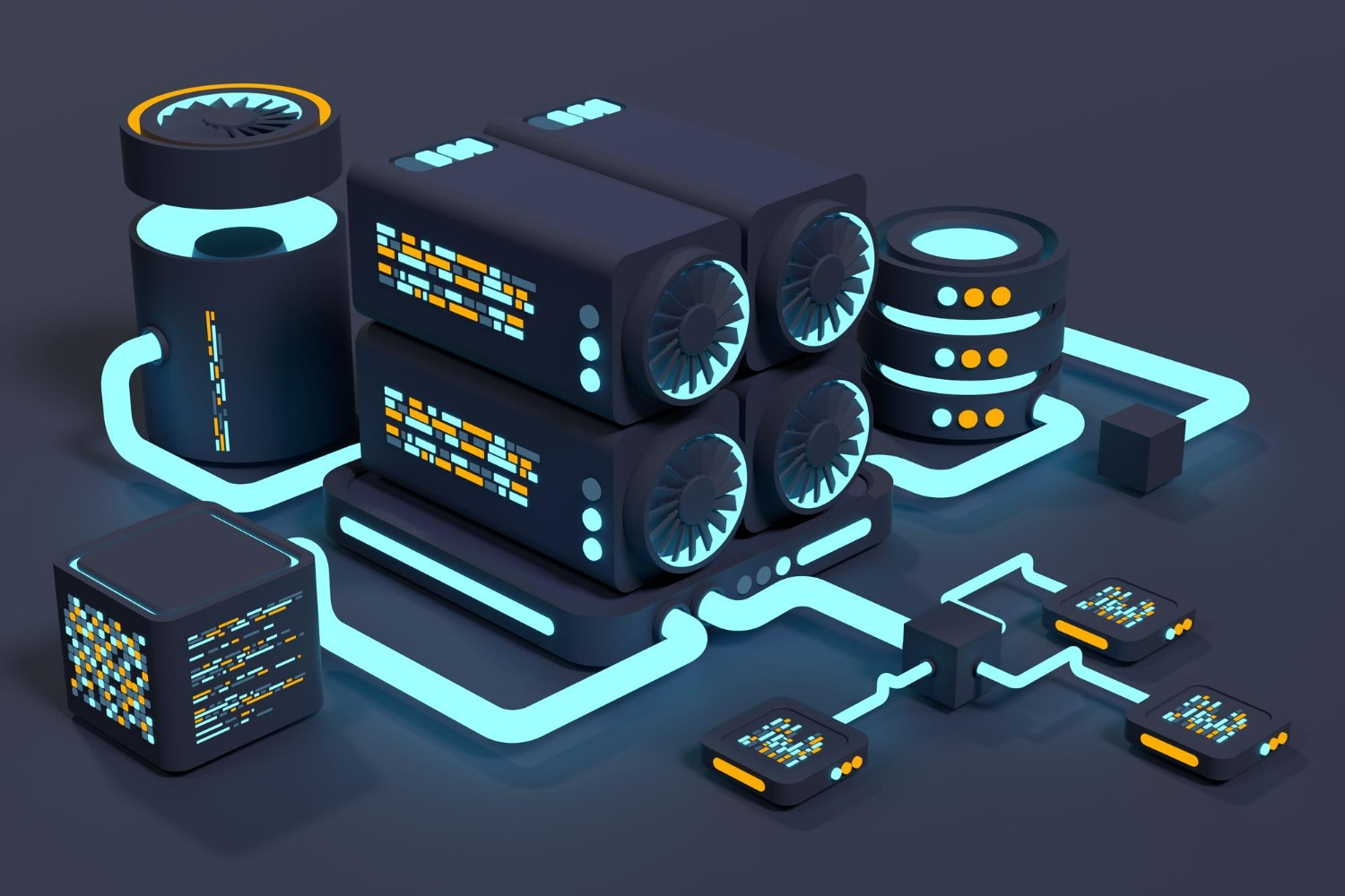 This striking isometric illustration presents a sophisticated visualization of modern data center and server infrastructure technology.