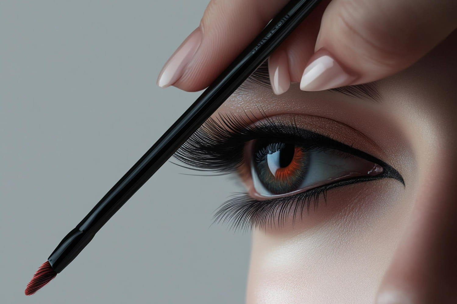 A professional close-up demonstrating precise eyeliner application using a fine-tipped liquid liner brush.