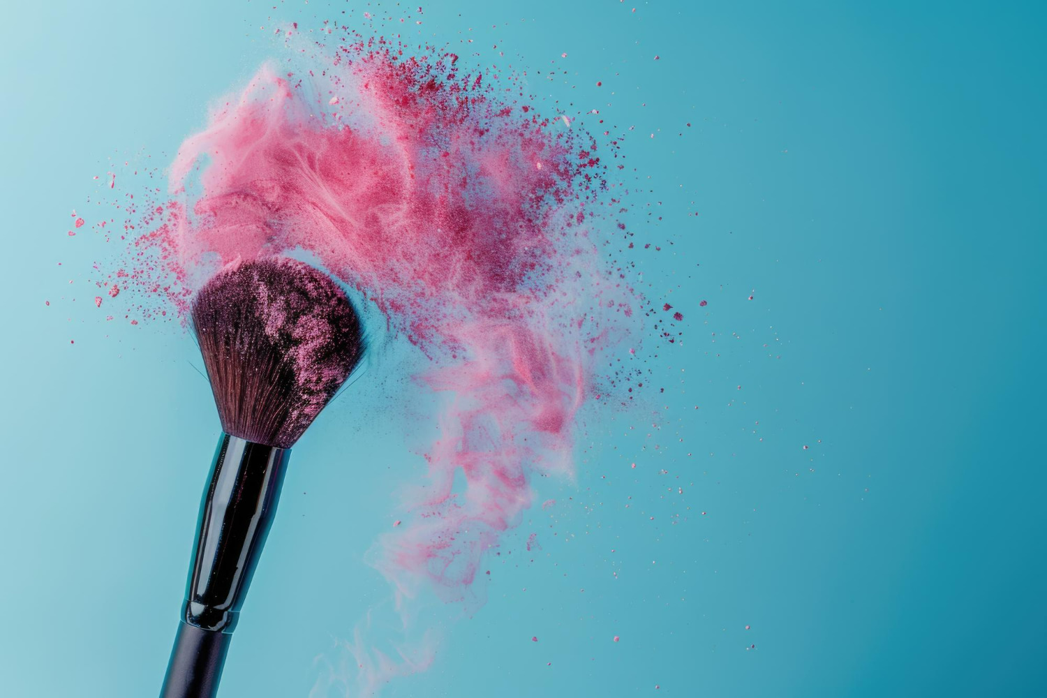A stunning visual explosion of vibrant pink and magenta powder bursts dynamically from a professional makeup brush against a serene turquoise backdrop.