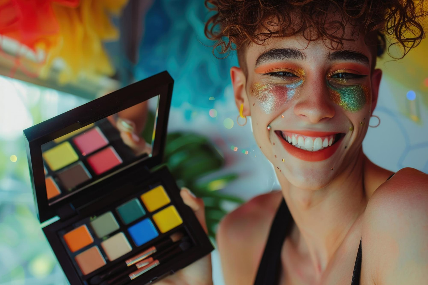 A joyful portrait of artistic self-expression featuring vibrant, multi-colored eyeshadow in bright orange, yellow, green, and blue tones.