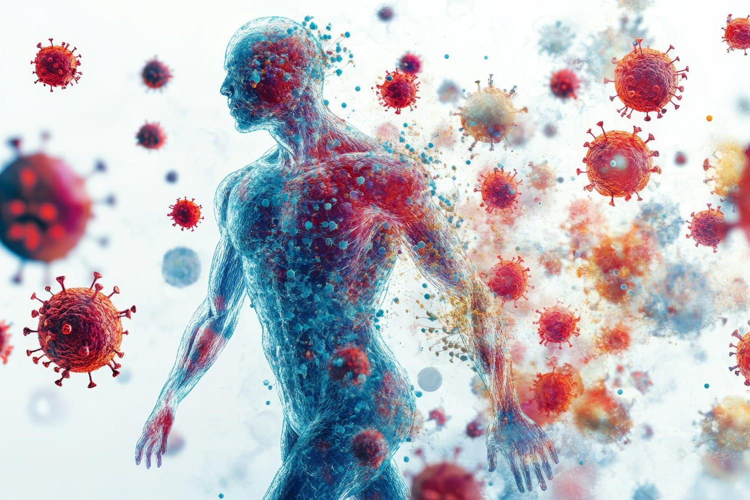 A digital illustration of a translucent human figure surrounded by virus particles, symbolizing the body's immune response and fight against infection.
