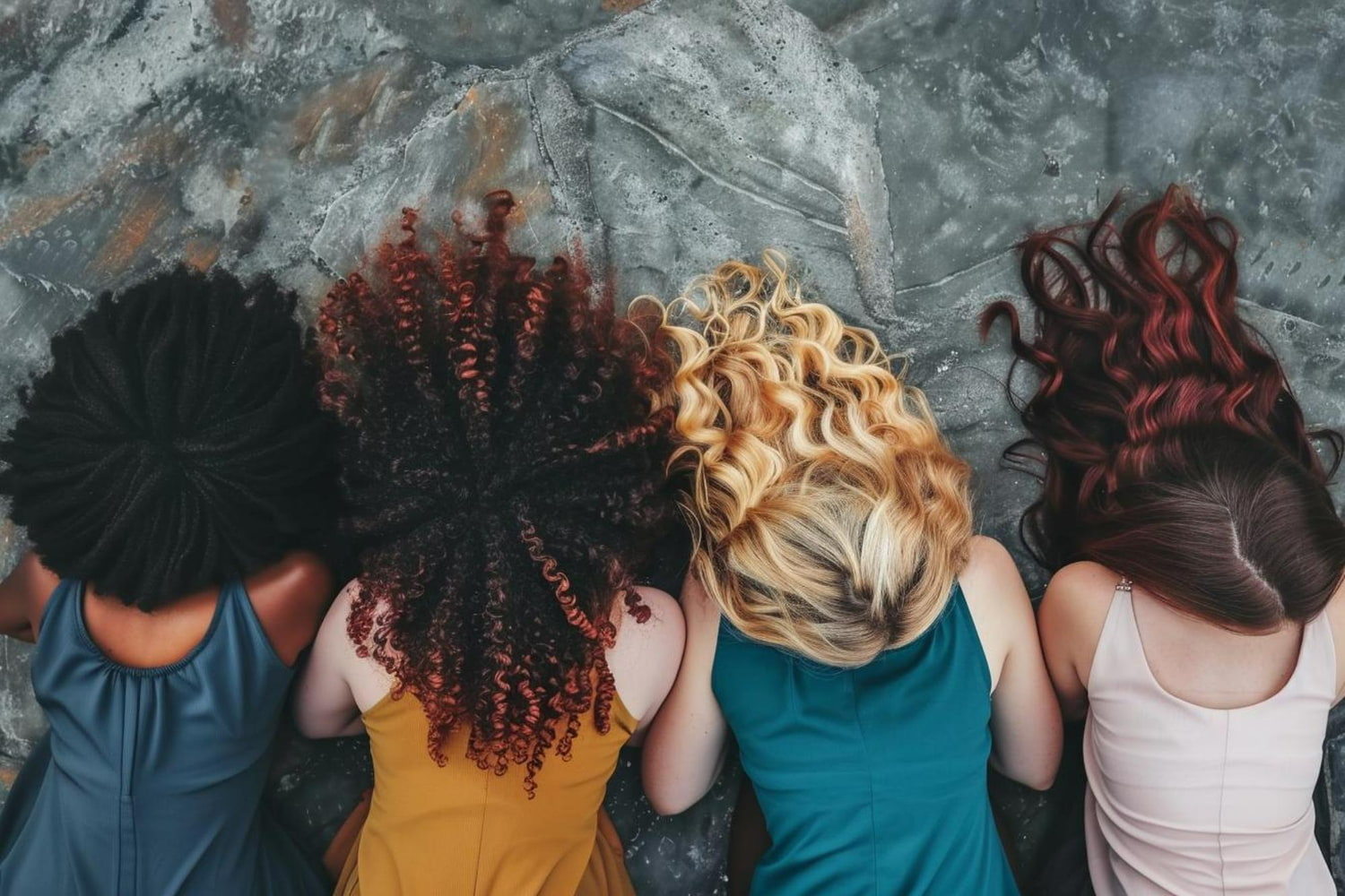 The subjects wear complementary colored tank tops—blue, mustard yellow, and teal—adding vibrancy to the frame. The subjects wear complementary colored tank tops—blue, mustard yellow, and teal—adding vibrancy to the frame.