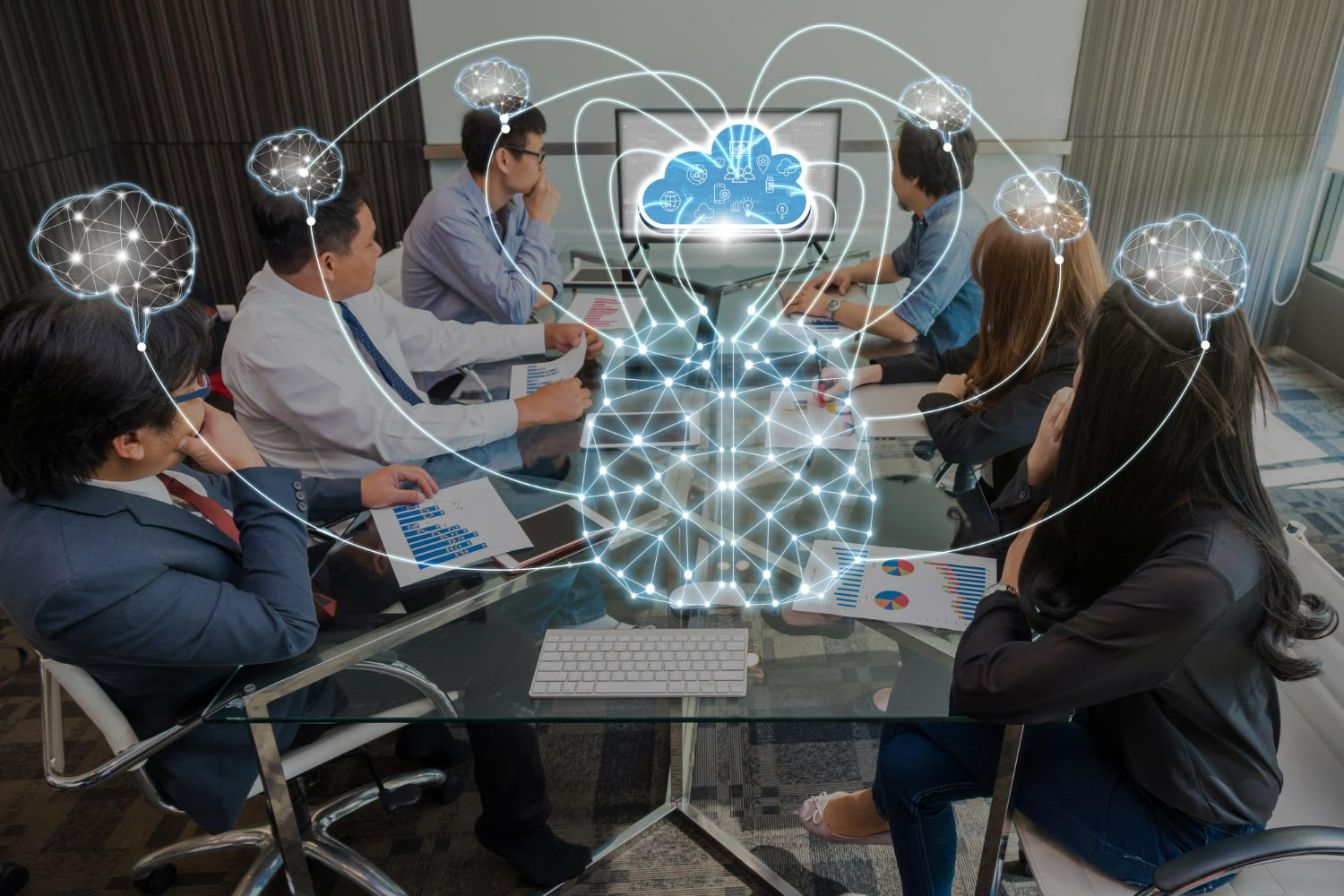 This striking composite image blends reality with augmented reality (AR) to visualize modern collaborative business intelligence.