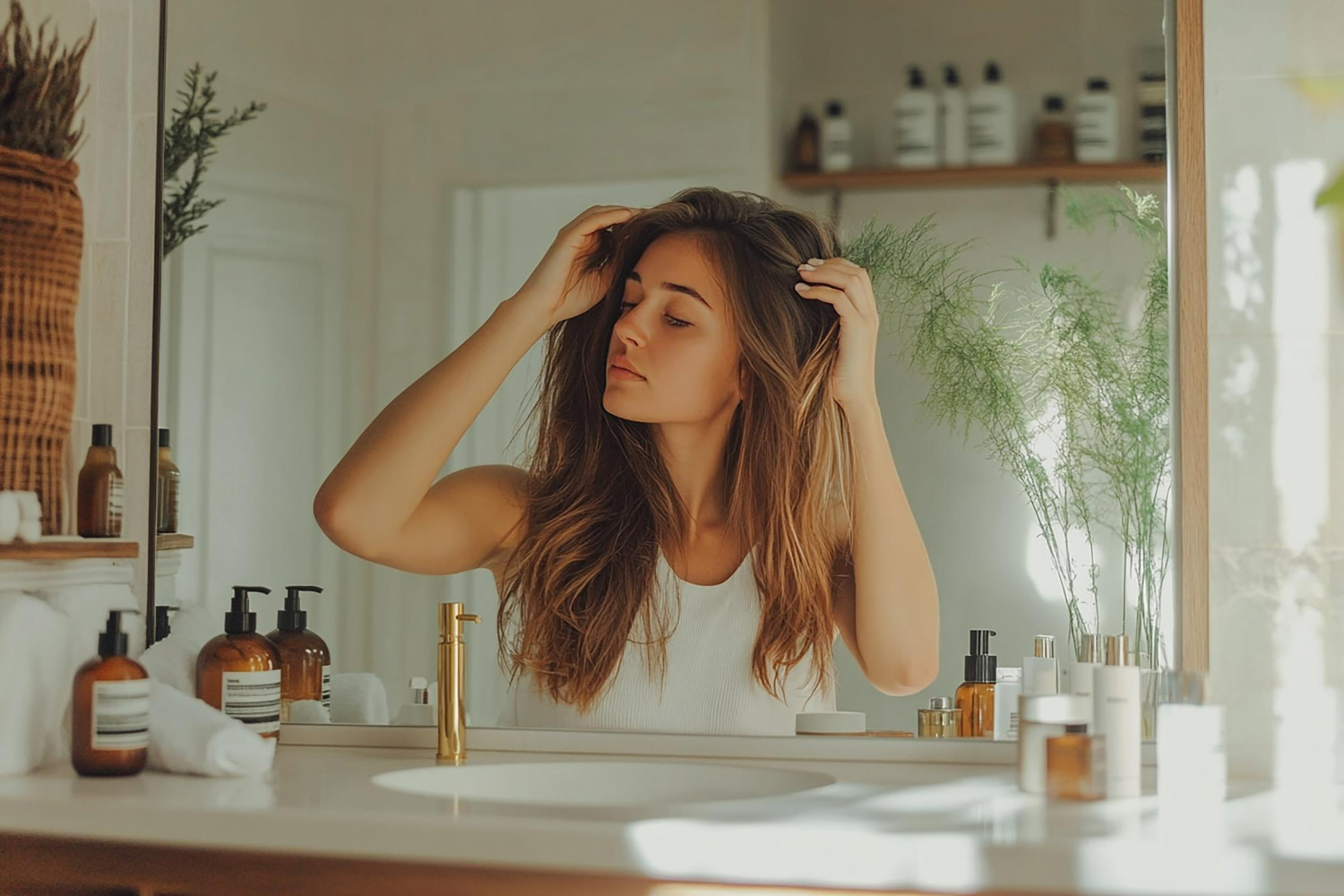 A serene and aspirational lifestyle image capturing a woman in a bright, minimalist bathroom, admiring her healthy, flowing hair in the mirror.
