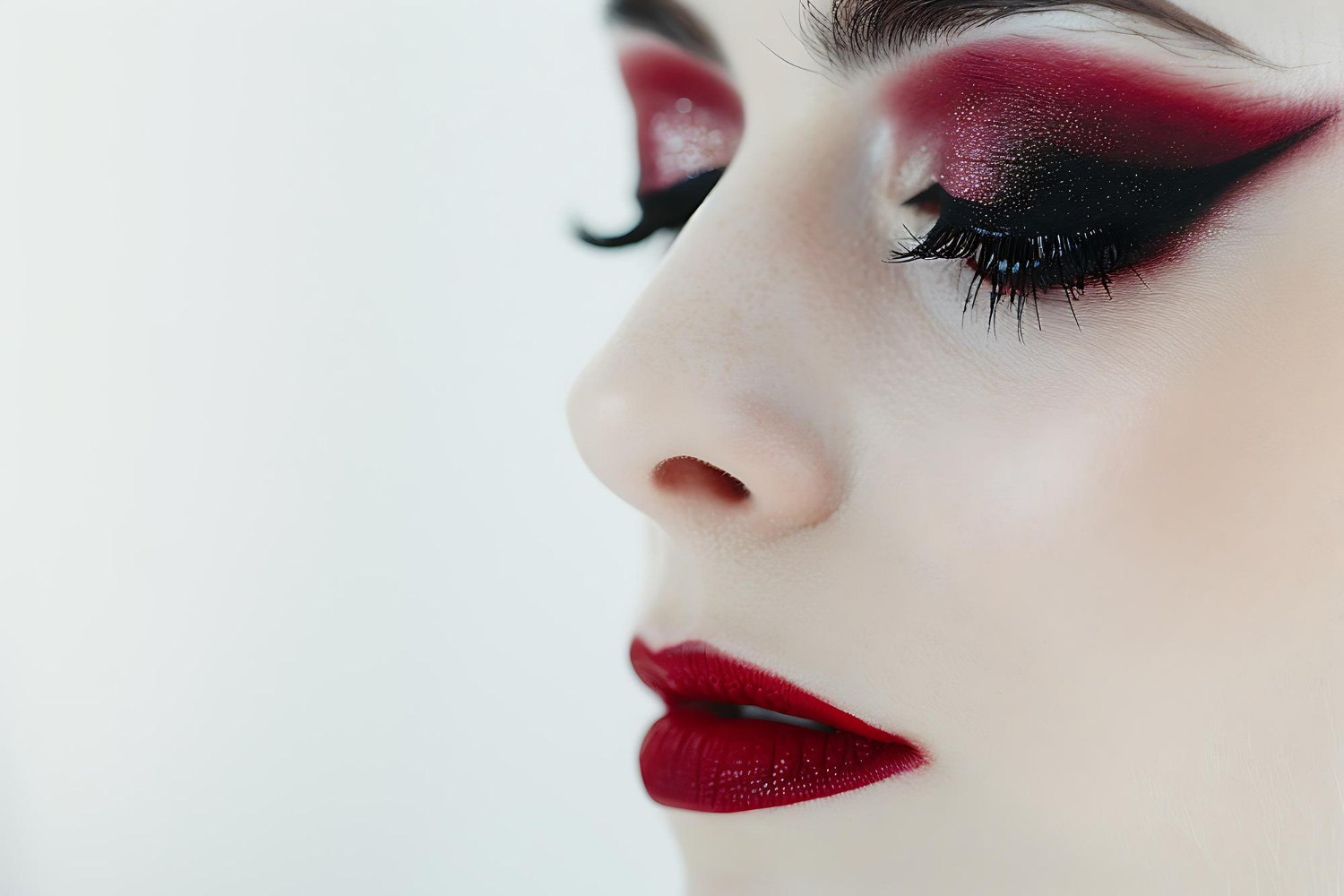 A striking profile view showcasing a dramatic, coordinated makeup look featuring rich burgundy and deep wine tones.