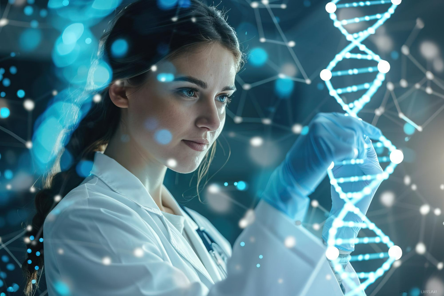 This stunning image captures a young female scientist in a white lab coat examining a luminescent, holographic DNA double helix model.