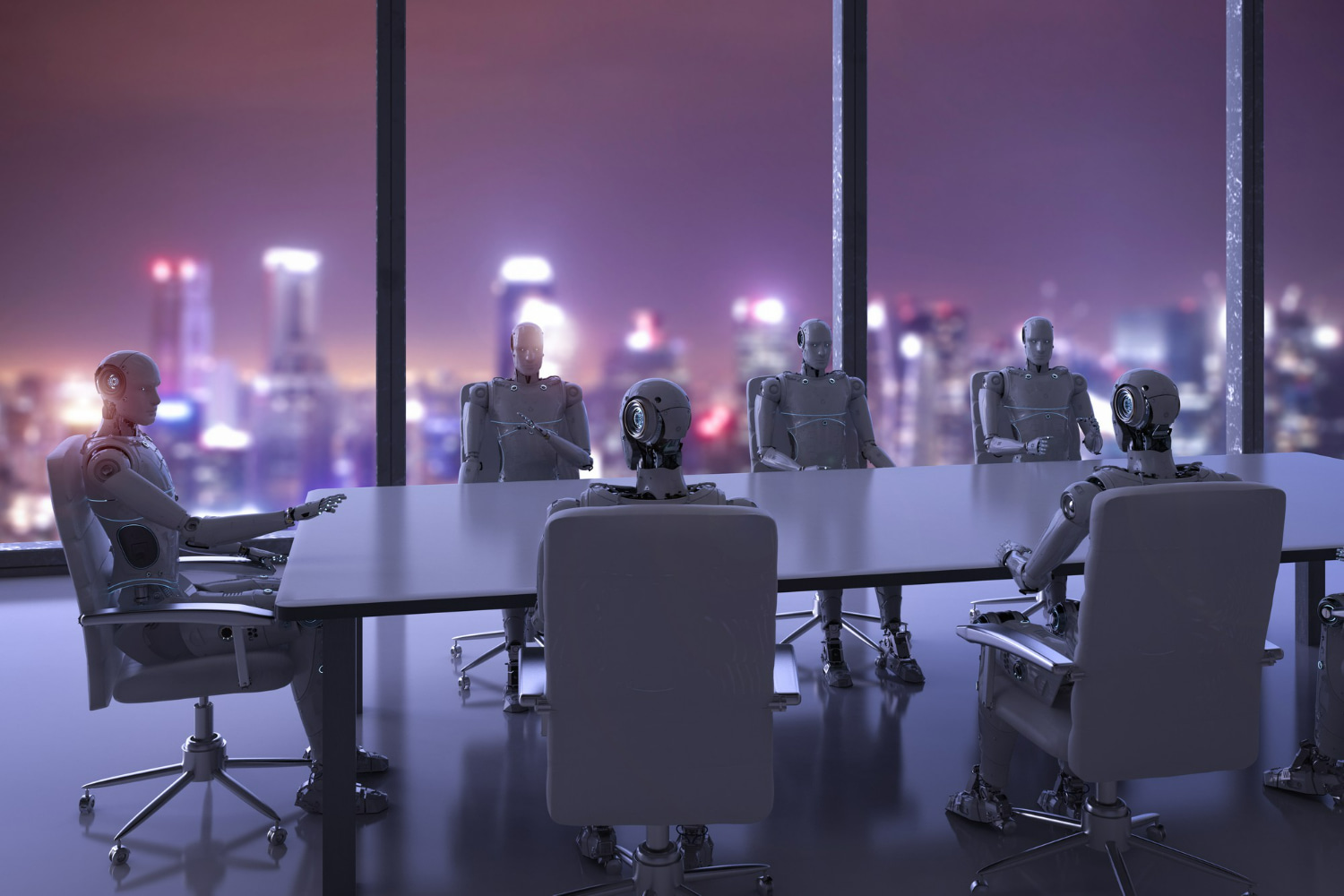 This compelling futuristic illustration depicts a team of sophisticated humanoid robots gathered around a sleek conference table in a high-rise corporate boardroom.