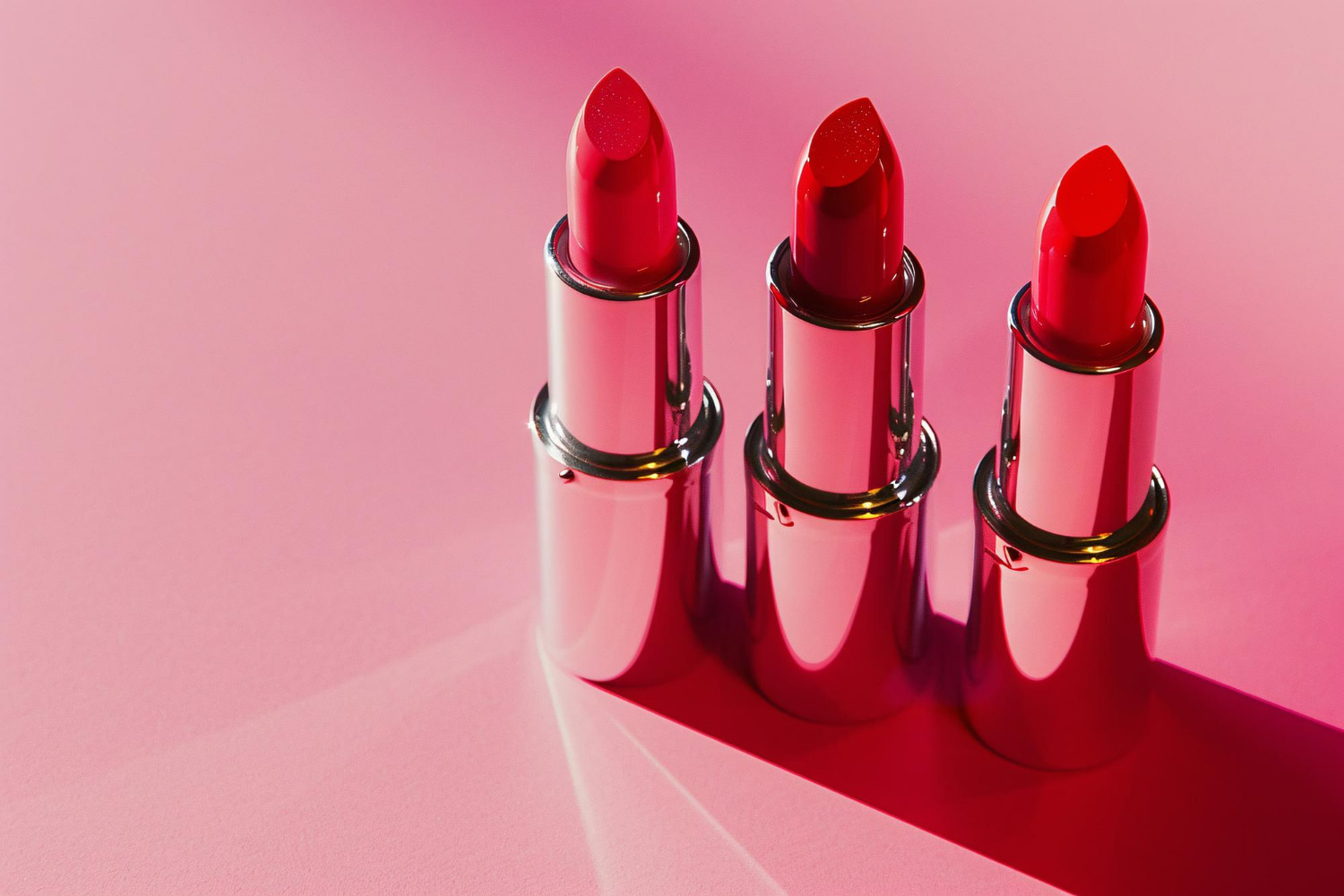 A sleek product photography composition featuring three luxury red lipsticks arranged symmetrically against a soft pink gradient background.