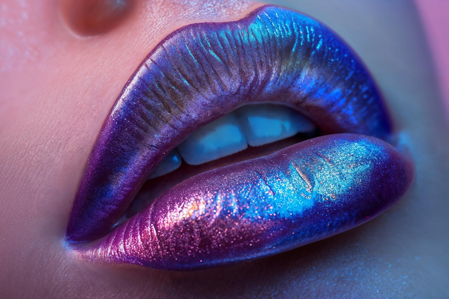 A stunning close-up of artistic lip makeup featuring a mesmerizing gradient of electric blues, deep purples, and iridescent glitter.
