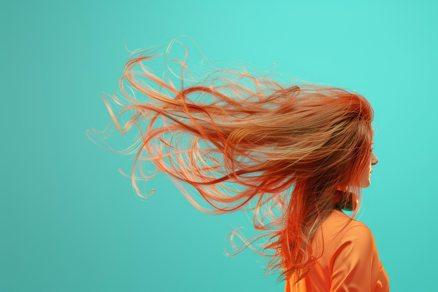 A vibrant and energetic portrait featuring a woman in profile with striking red-orange hair flowing dramatically against a refreshing turquoise background.