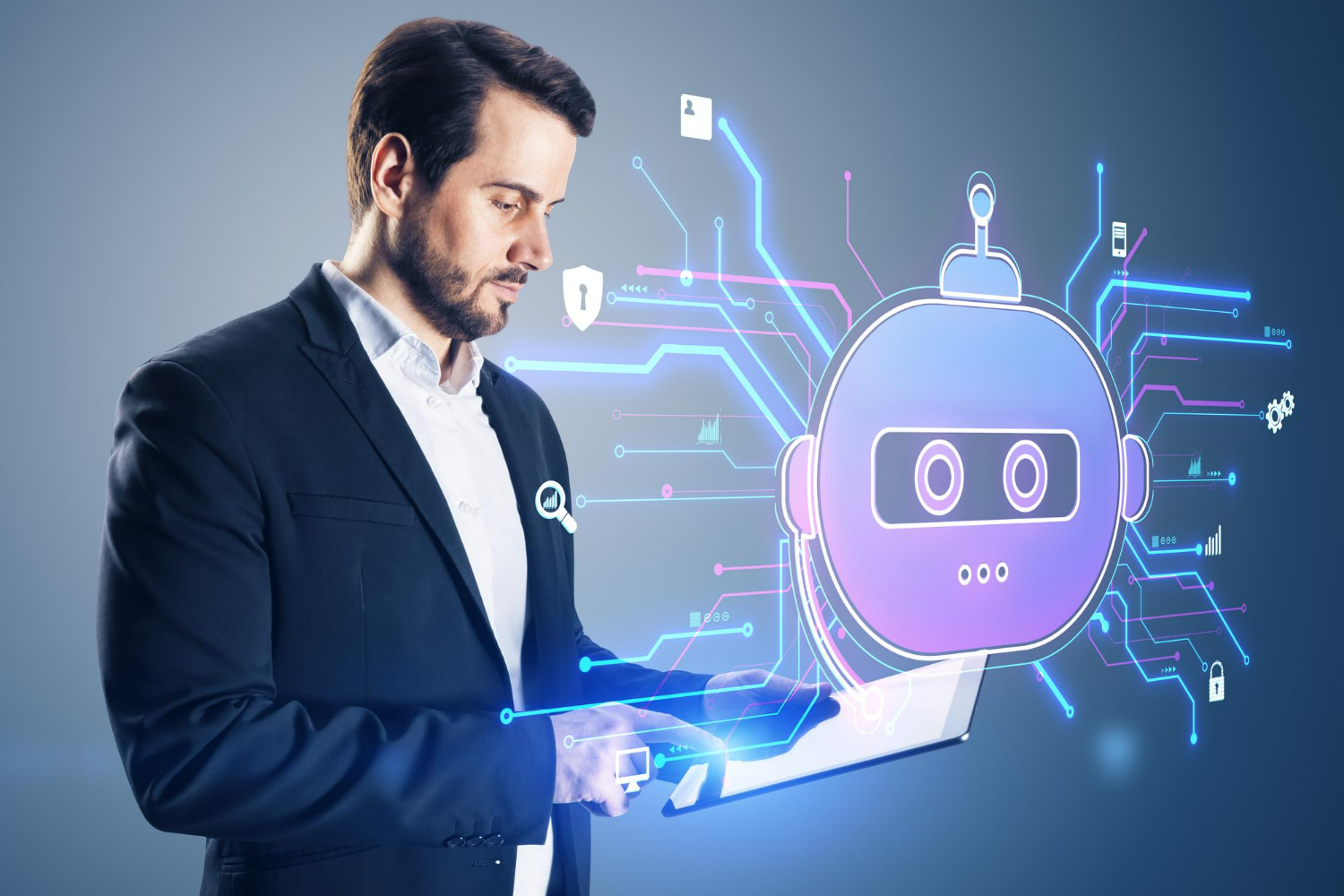 A focused businessman in professional business attire examines a laptop displaying an interactive holographic AI chatbot interface. A focused businessman in professional business attire examines a laptop displaying an interactive holographic AI chatbot interface.