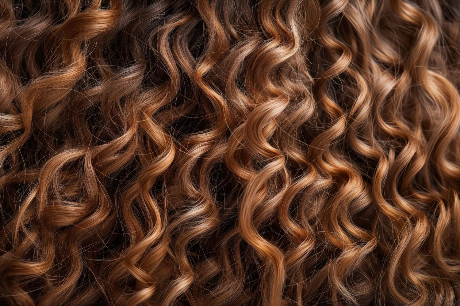An elegant close-up of luxurious, voluminous curled hair showcasing rich brunette tones with warm caramel and golden highlights.
