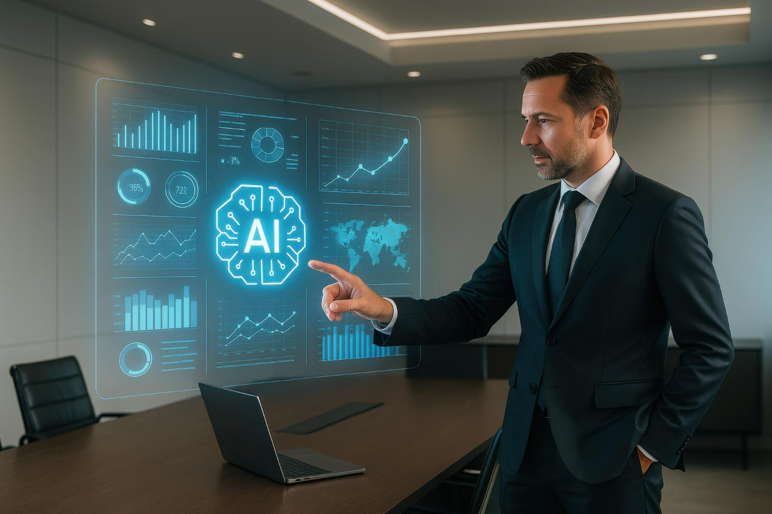 A polished business executive in a formal dark suit presents data insights on an interactive holographic display in a modern corporate boardroom. A polished business executive in a formal dark suit presents data insights on an interactive holographic display in a modern corporate boardroom.